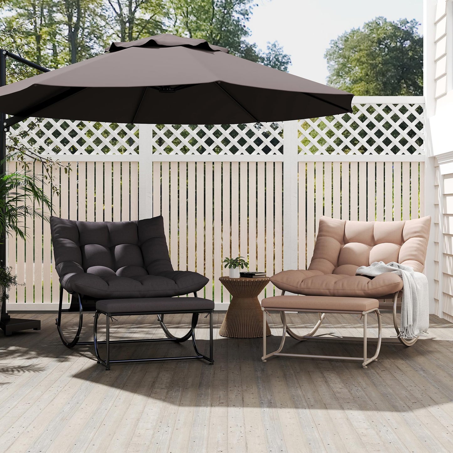 DAYARUS Upholstered Outdoor Rocking Chairs, Modern Patio Rocking Chair Set of 2 with Foot Rest, Study Metal Papasan Rocking Chair, Cozy Rockings Recliner Chair for Bedroom/Living Room/Lawn, Gray