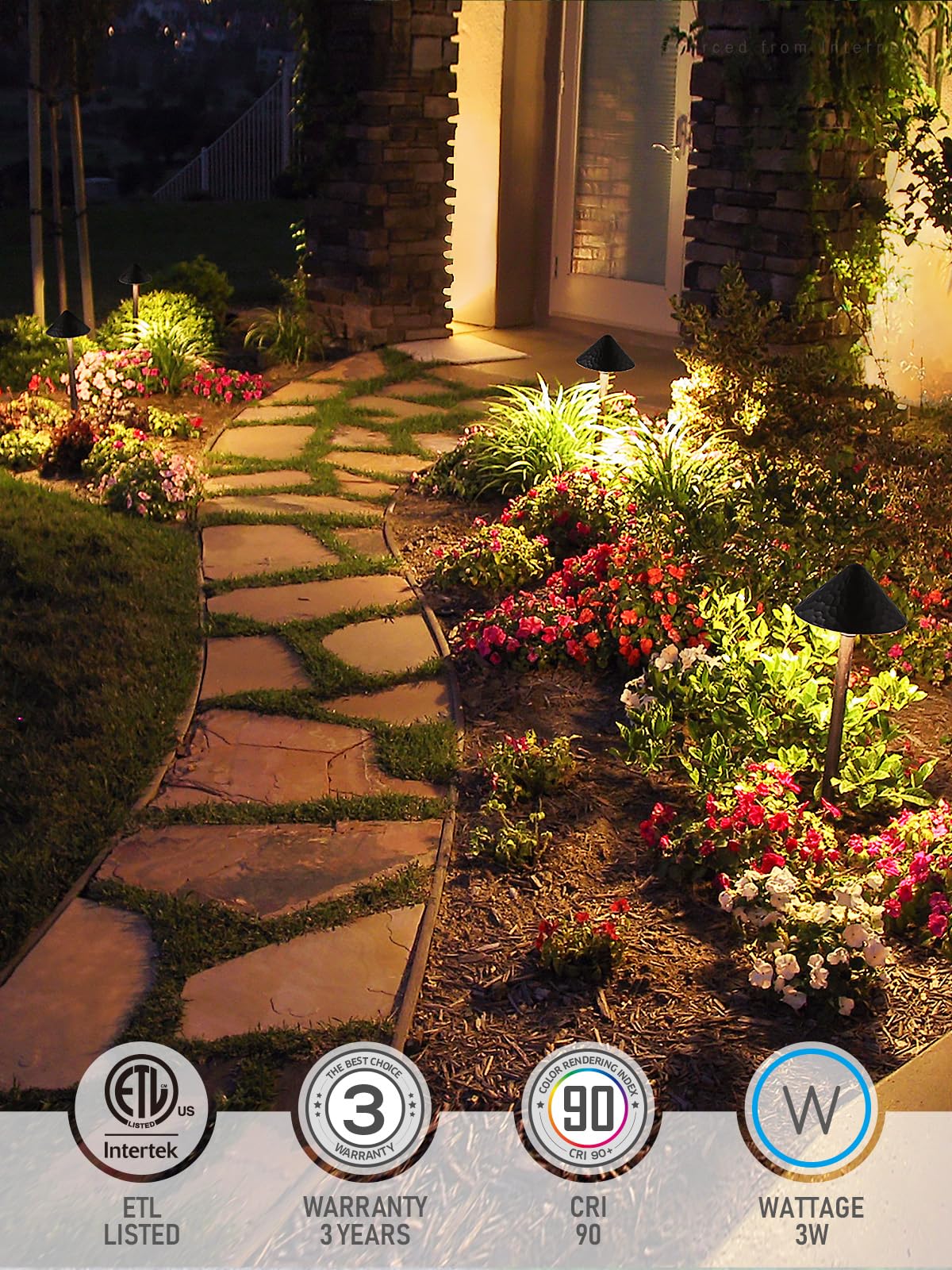 LEONLITE 12-Pack Low Voltage Pathway Lights, 3W 12-24V AC/DC CRI90+ Low Profile LED Landscape Path Lights, Cone Head with Vintage Texture & Vintage Golden Edge, IP65 Waterproof, Black Aluminum Housing