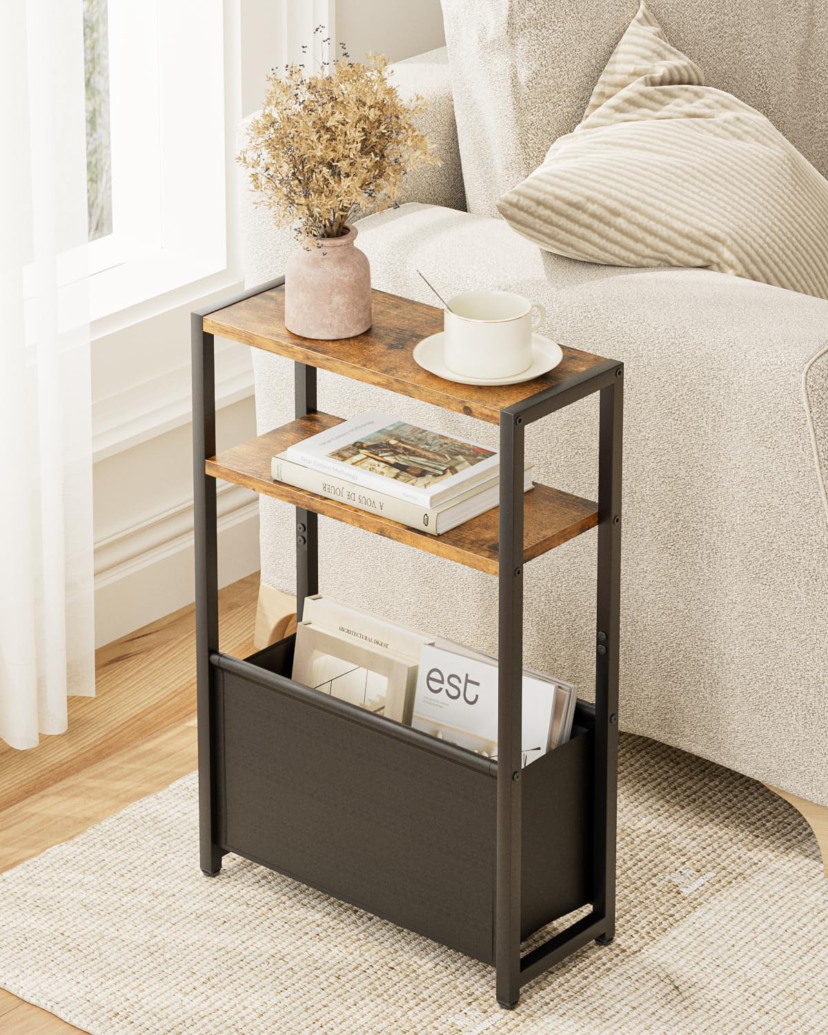 Apetaccat Narrow Side Table End Table, 3-Tier Side Table with Storage Bag, Narrow Nightstand for Small Spaces, Bedside Table for Living Room, Bedroom, Rustic Brown