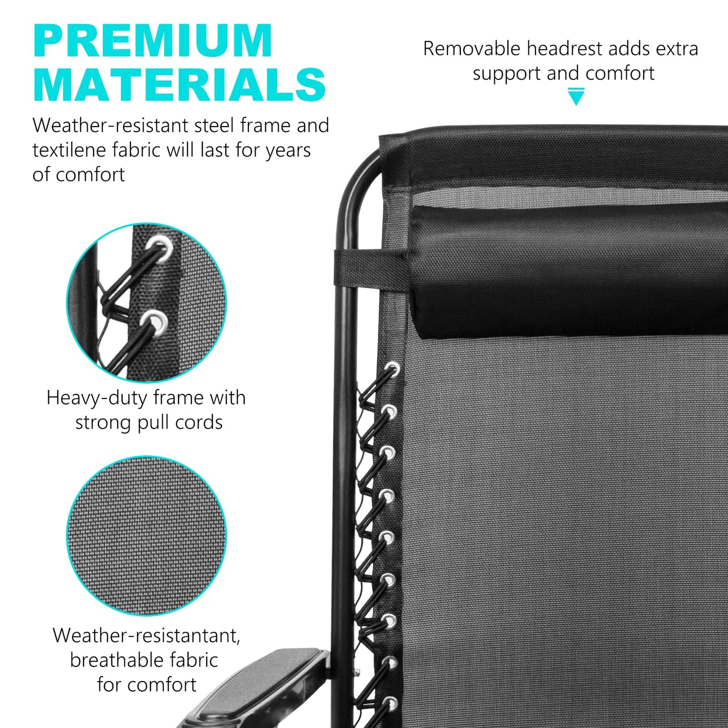 SZHLUX 1 PCS Adjustable Steel Mesh Zero Gravity Lounge Chair Recliners W/Pillows and Cup Holder Trays - Black
