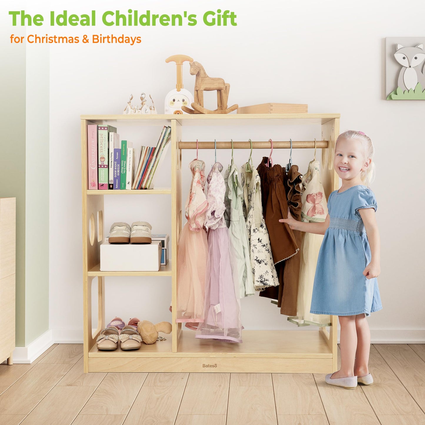 Bateso Kids Dress Up Storage for 1-3 Years Old Boys and Girls, Wooden Kids Wardrobe with Open Hanging Costume Area and Stroage Shelves, Baby Closet Organizer Center for Bedroom, Playroom