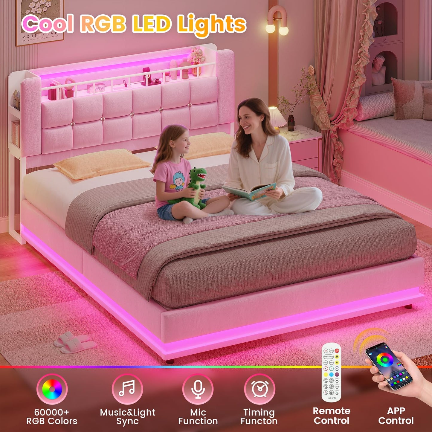 ADORNEVE Queen Size Lift Up Storage Bed with LED Lights & Storage Bookcase Headboard, Velvet Upholstered Platform Bed for Girls, Queen Bed Frame with Charging Station,Hydraulic Lift System, Pink