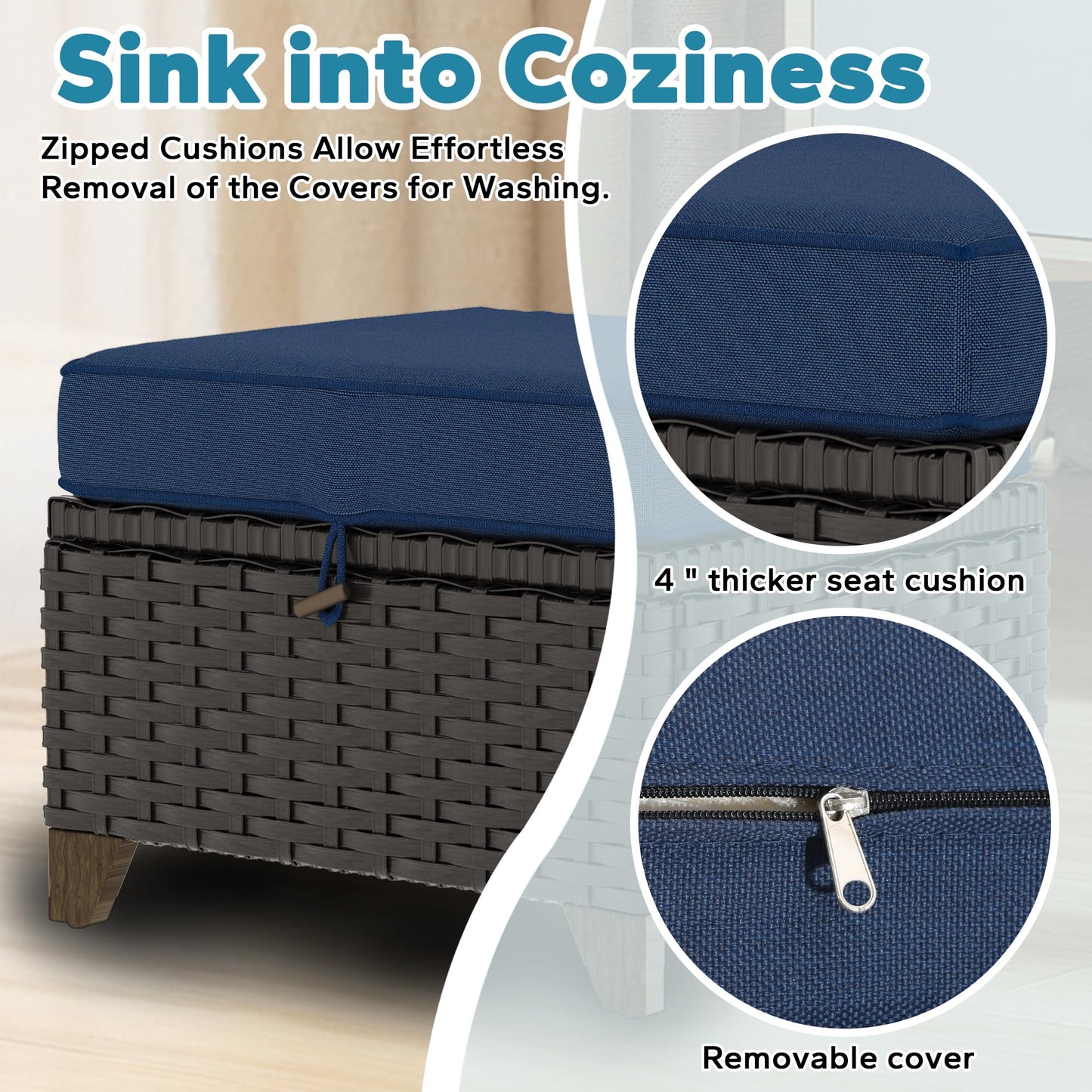 MeetLeisure 2 Pieces Patio Outdoor Ottomans with Removable and Washable Covers，PE Rattan Wicker Footstools for Porch, Garden, Sunroom (Navy Blue)