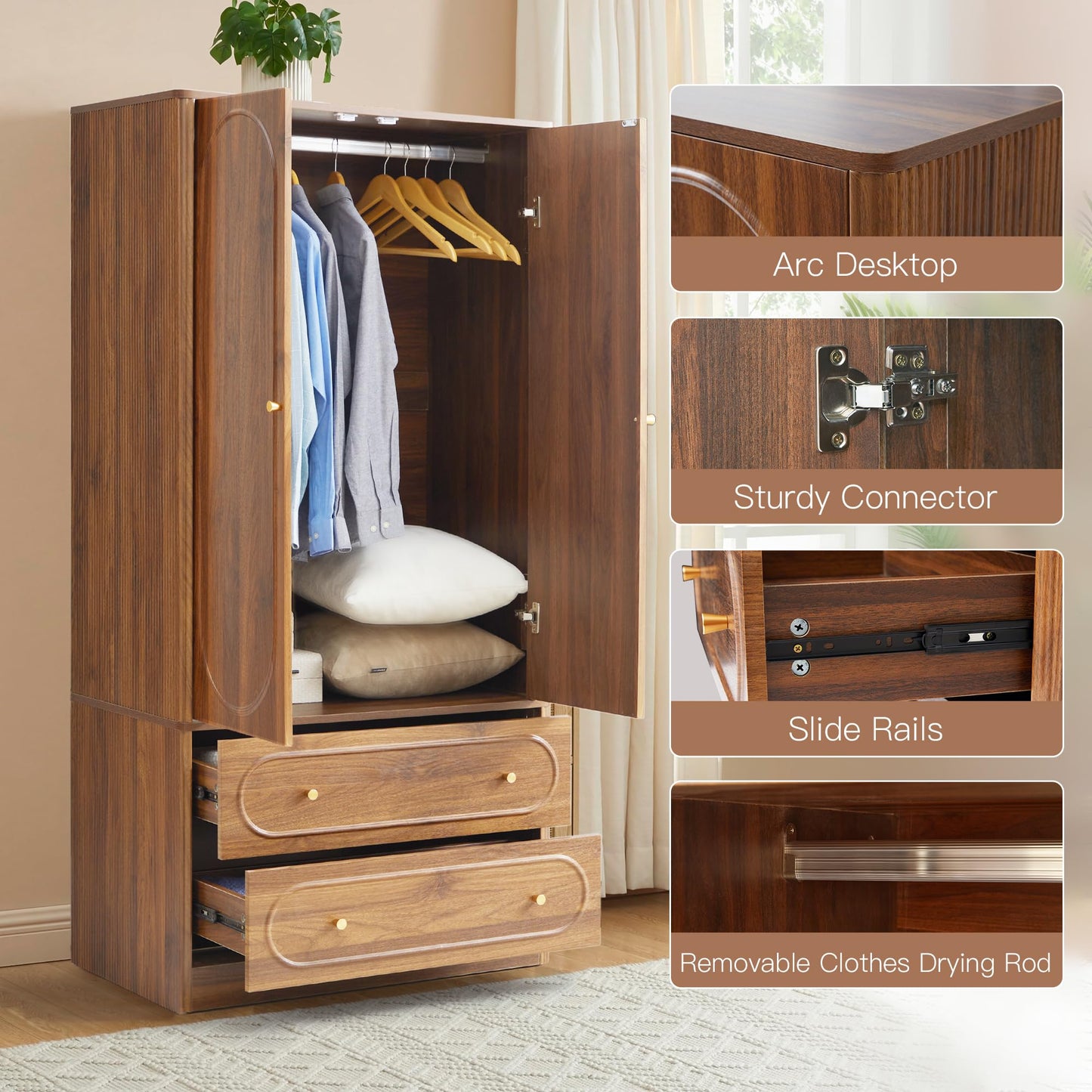 ORRD Fluted Freestanding Armoire Wardrobe Closet with 2 Doors and 2 Storage Drawers, Large Capacity Wardrobe Cabinet, Wooden Closet for Bedroom, Living Room - Walnut