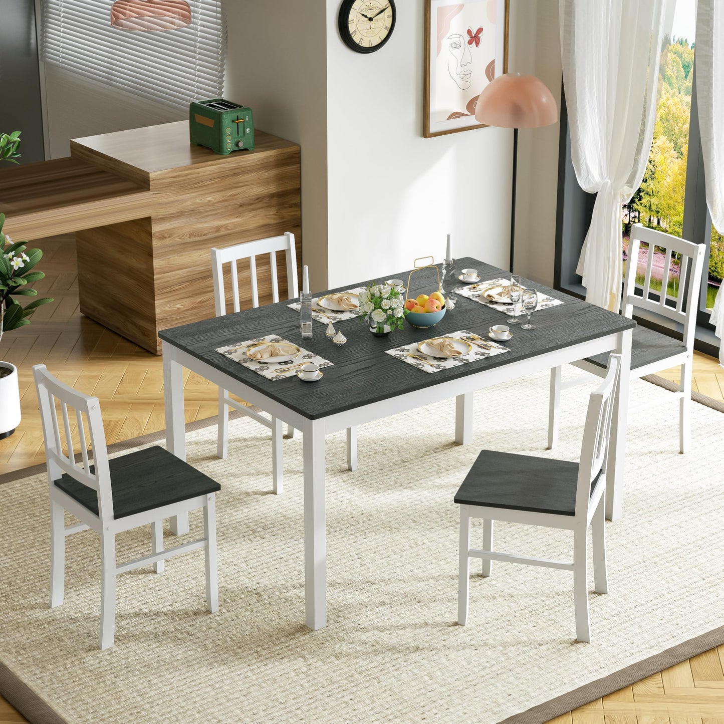 MU Dining Table Set for 4, Space-Saving Kitchen Table and 4 Chairs with Rubber Wood Legs, Farmhouse 5-Piece Dinette Set for Dining Room, Kitchen, Restaurant, Grey
