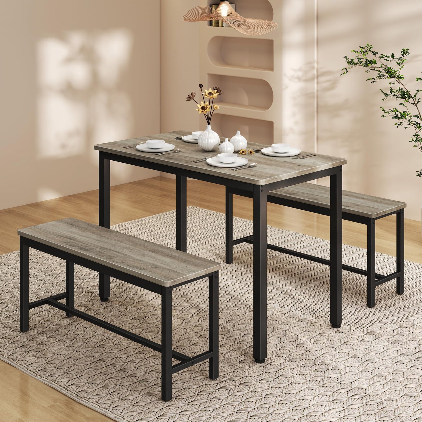 SumKea Dining Table Set for 4, Kitchen Room Table Set with 2 Benches, 3-Piece Dining Chairs Set for Breakfast Nook, Grey