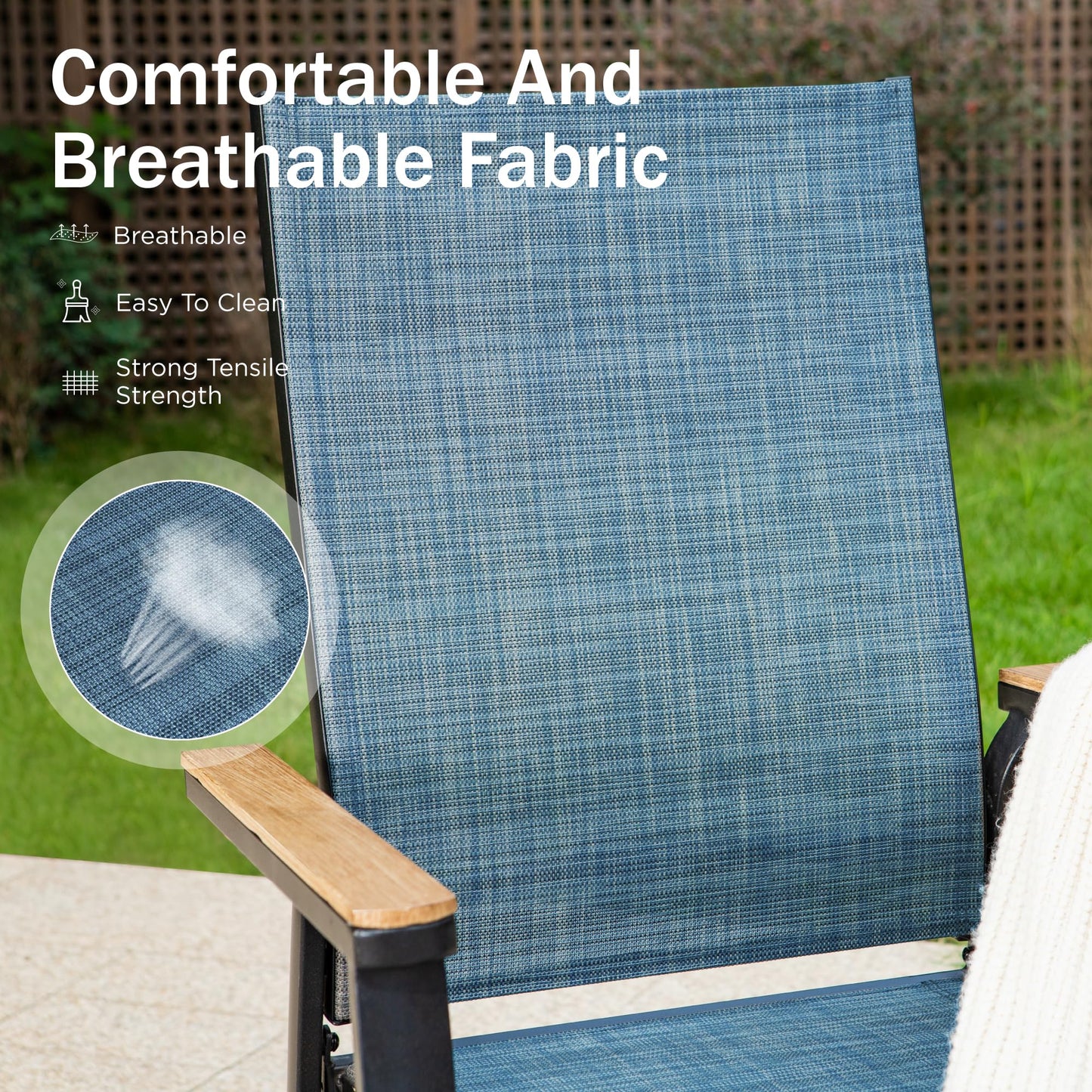 PHI VILLA Outdoor Stackable Chairs, Patio Chairs Set of 2, Light Weight Aluminum Frame with Textilene Fabric & Wood Armrest, High Back Deck Chairs for Poolside Lawn Garden, Blue
