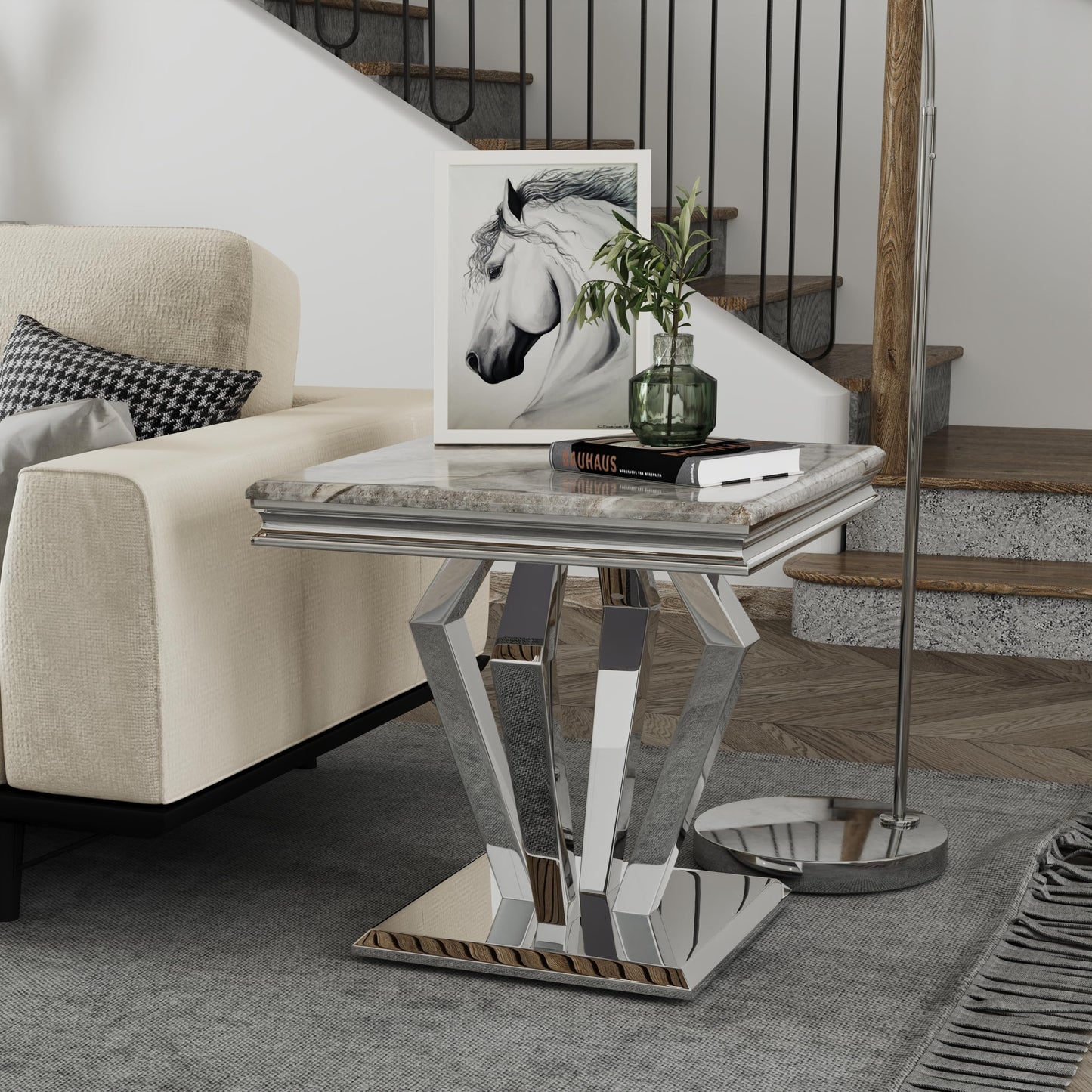ACEDÉCOR 22" Square End Table, Silver Side Table with Graceful Grey Striped Top and Mirrored Diamond Shaped Base, Heavy Duty Corner Table for Living Room, Sofa, Couch
