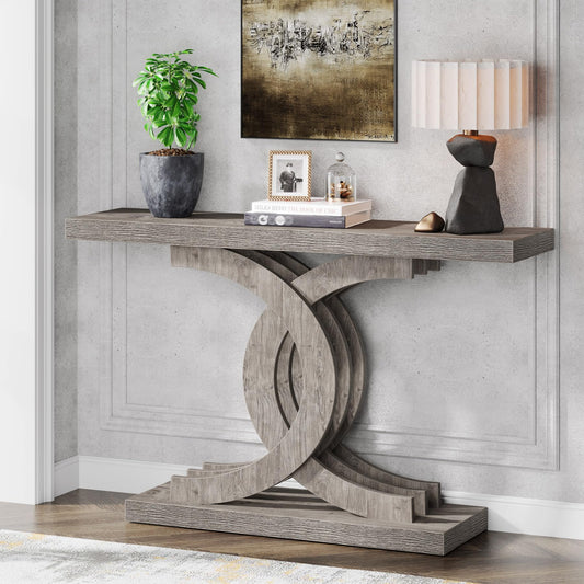 Console Tables Modern Farmhouse 39-inch Entryway Table with Geometric Base, Wooden & Metal Hallway Table for Entrance, Living Room (Grey)