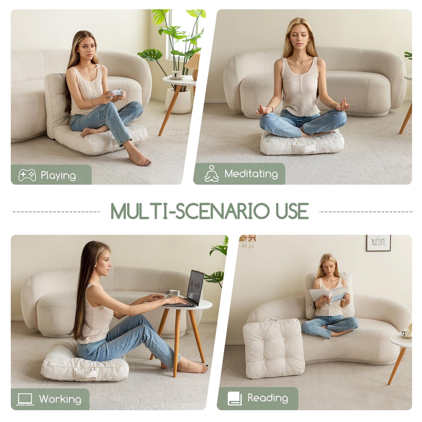 HIGOGOGO Washable Floor Pillow Cushion for Adults, Meditation Cushion Pillow, Large Square Floor Sitting, Removable Tufted Corduroy Cover, for Tatami Living Room or Yoga, 22x22 Inch, Machine Washable