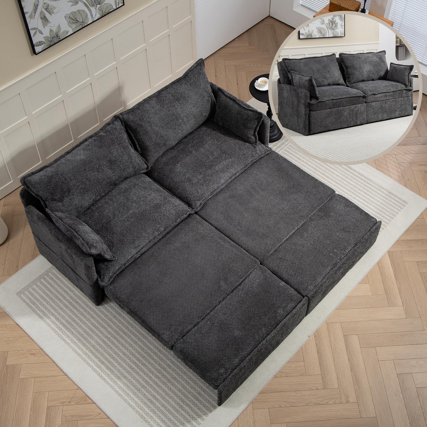 GRAINLLE King Size Pull Out Couch Bed,Convertible Loveseat Sleeper Sofa Couch with Pull-Out Bed, USB Charging & Side Storage,3-in-1 Corduroy Sleeper Sofa Bed for Living Room, Bedroom(Grey, 73.6'')