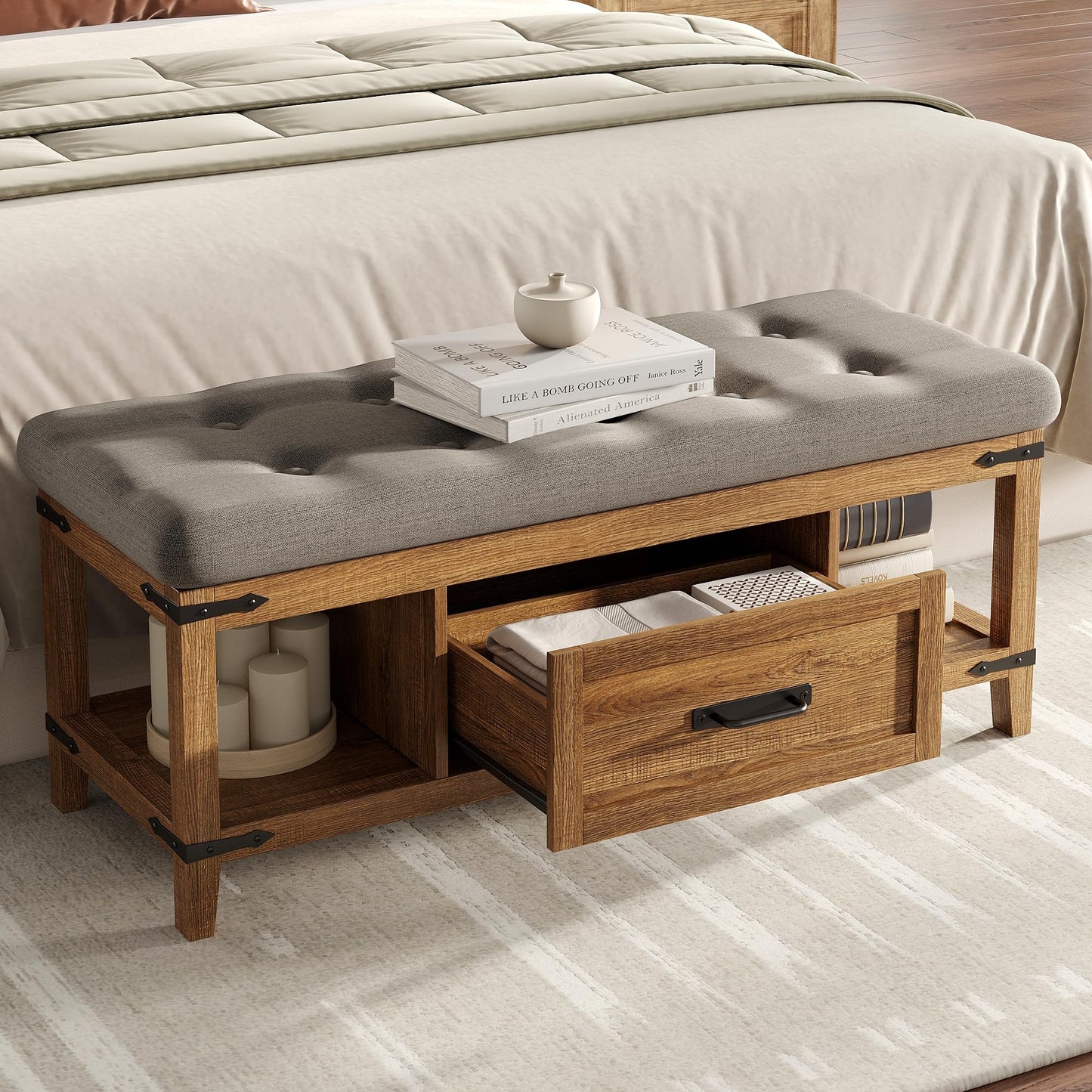 Maupvit Entryway Bench with Shoe Storage, Shoe Rack with Cushion for Living Room, End of Bed Bench for Bedroom, 15.7" D x 43.3" W x 18.1" H