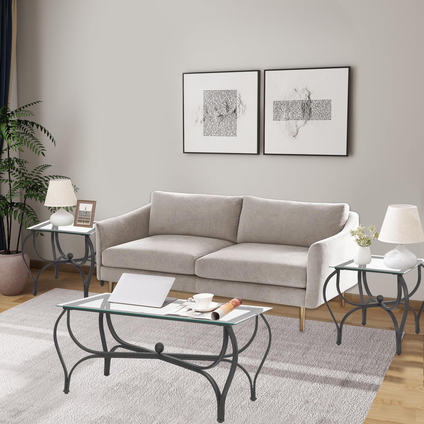 FILINGSKY 3-Piece Coffee Table Set, Tempered Glass Surface Living Room Sets, Coffee Table & 2 End Side Table, Metal Frame for Living Room, Home Office (Glass)