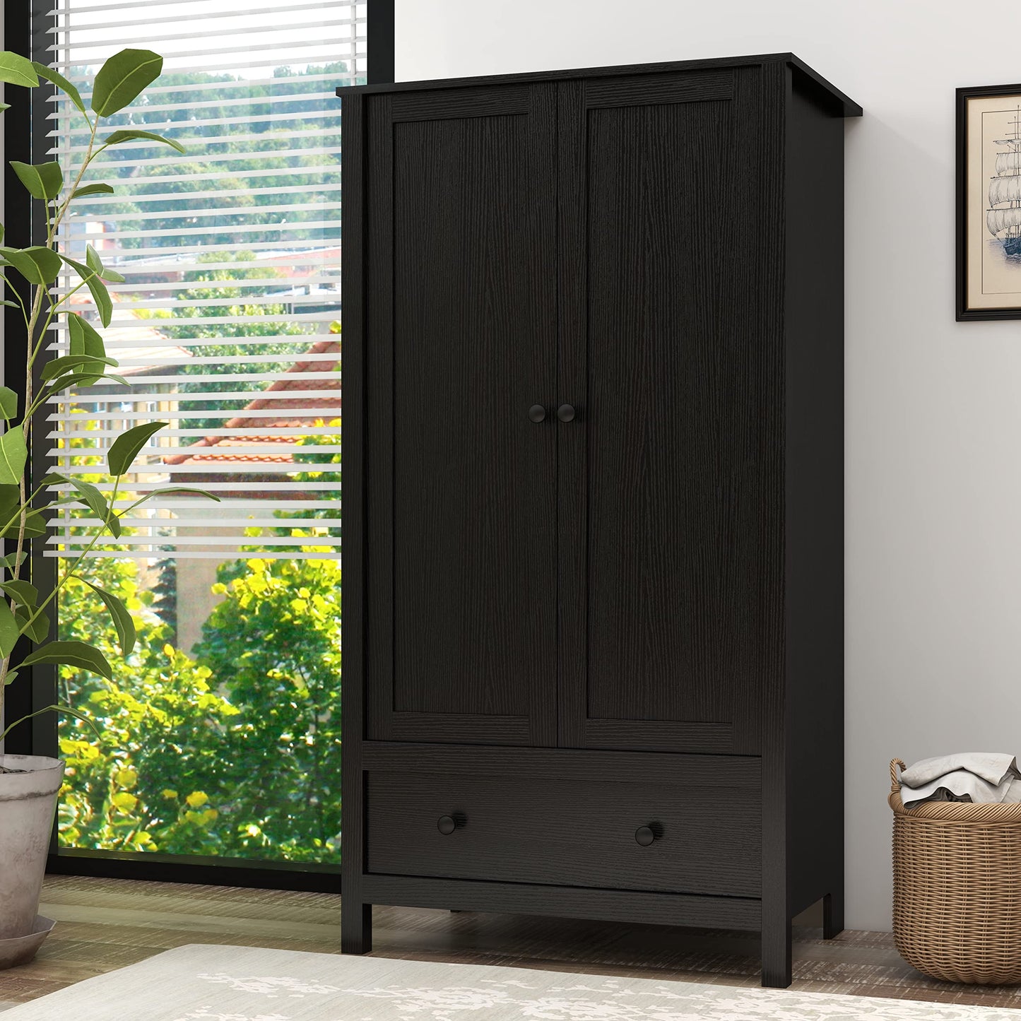 Panana Modern Wooden 2 Doors Wardrobe Double Wardrobe with 1 Storage Drawer Armoires Clothing Storage Cabinet for Bedroom (Black)