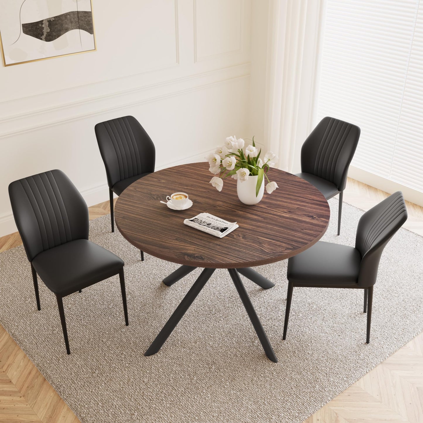 HIPIHOM 45.3'' Walnut Round Dining Table Set for 4, Mid Century Modern Small Coffee Set for Dining Room Kitchen Apartment (Walnut Table + 4 Black Chairs)