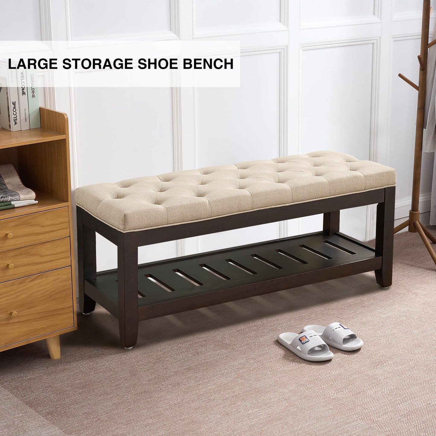 adochr Linen Large Rectangular Ottoman with Storage, Upholstered Entryway Bench for Living Room, Oversized Button Tufted Ottoman with Wood Shelf Storage, Light Brown