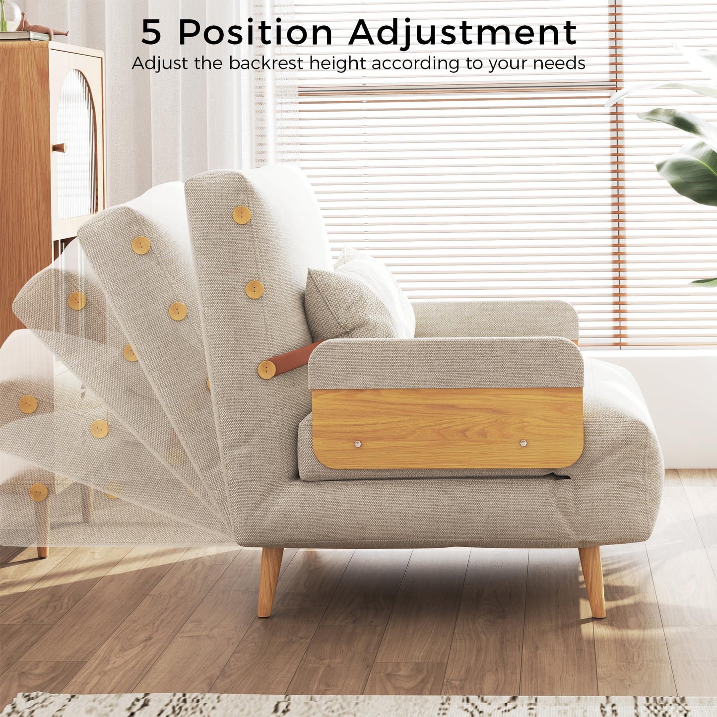 JASIWAY 3-in-1 Convertible Chair Bed Sleeper for Adults, Linen Convertable Sleeper Chair with Wooden Arms & Pillows, Foldable Single Futon Sofa Bed for Small Spaces, Modern, 76.4" D x 36.6" W