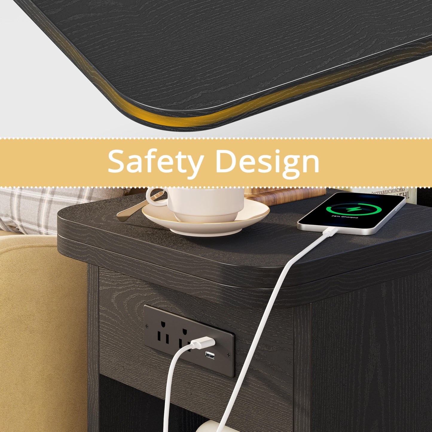 LIKIMIO Narrow Side Table, Small End Tables with Flip Top Storage and Plug for Living Room, Sofa Couch, Small Space, Narrow Nightstand with Charging Station, Vintage Black