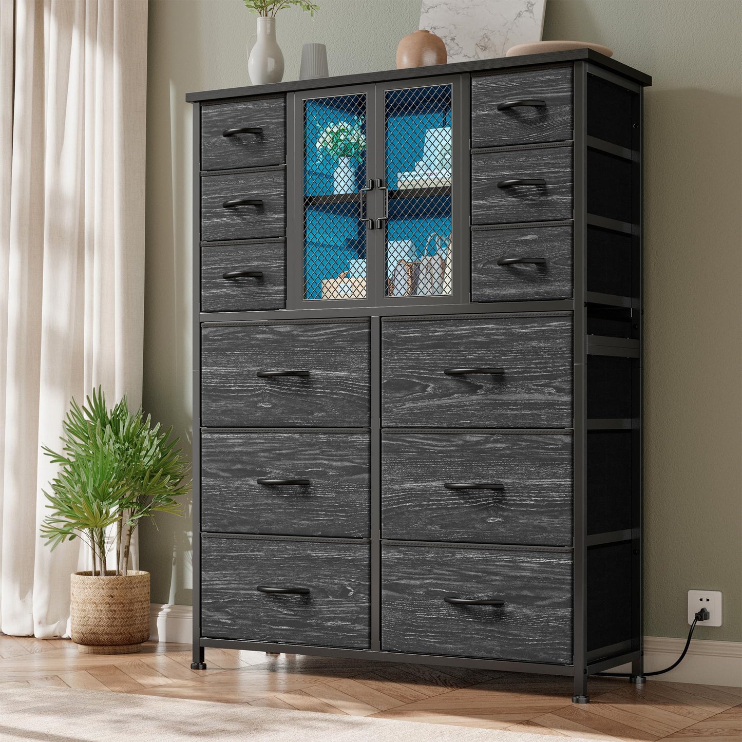EnHomee Tall Dresser for Bedroom with Charging Station & LED & Mesh Door, 12 Fabric Drawer Dressers & Chests of Drawers, Wooden Top, Metal Frame, Black, 11.8" D x 37.8" W x 50.6" H
