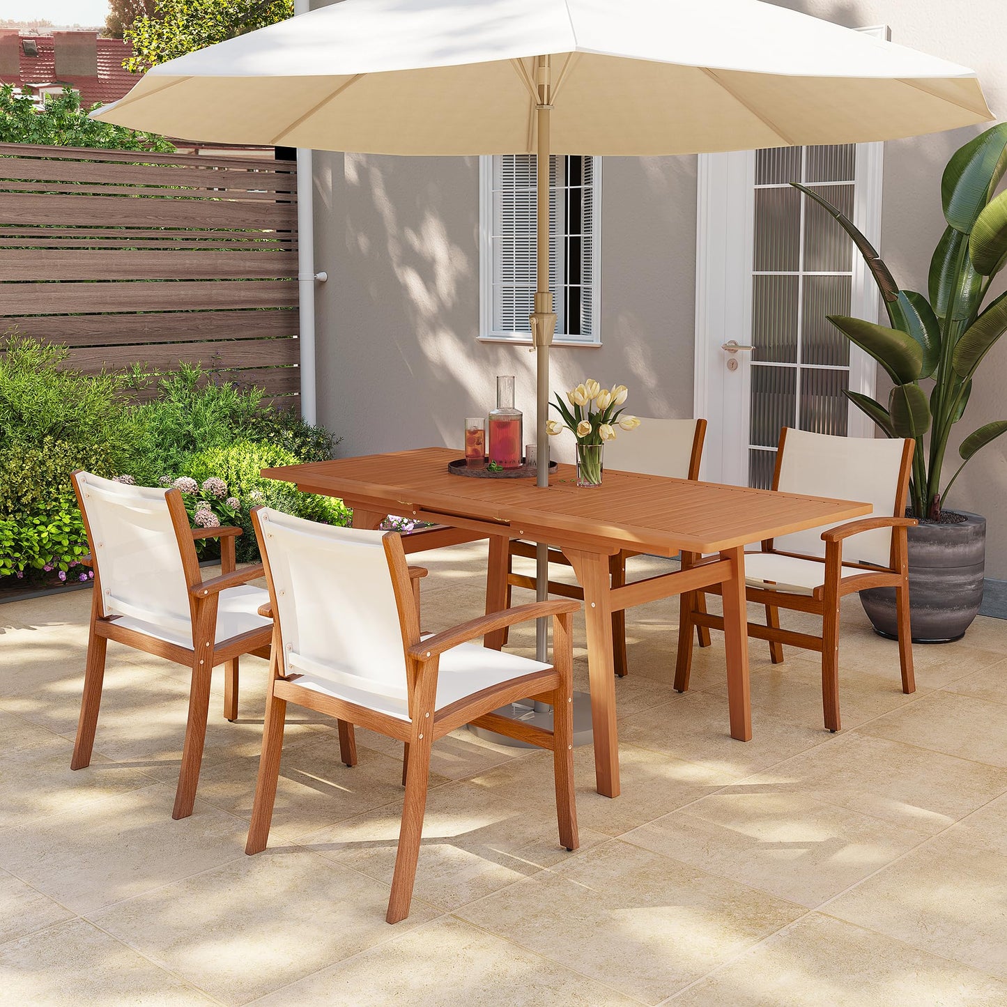 OC Orange-Casual Patio Furniture Set, Acacia Wood Patio Dining Set for 6-8, Outdoor Expandable Table and Chairs Set with Umbrella Hole and Breathable Textilene Fabric for Garden (White, 5 Pieces)