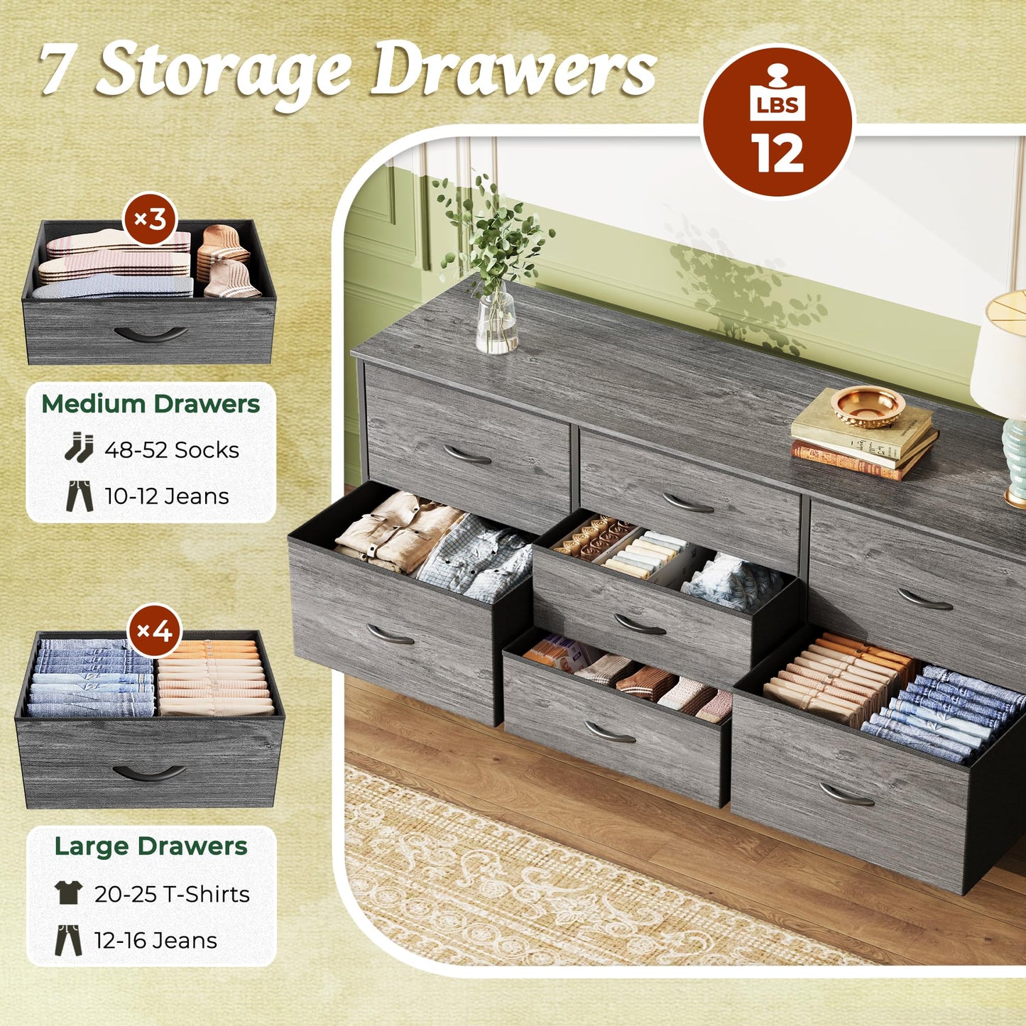 Huuger Dresser for Bedroom, 55 Inch TV Stand for 43, 55, 60 Inch TV, Long Fabric Dresser for Closet, TV Stand with 7 Drawers, Storage, Clothing, Grey
