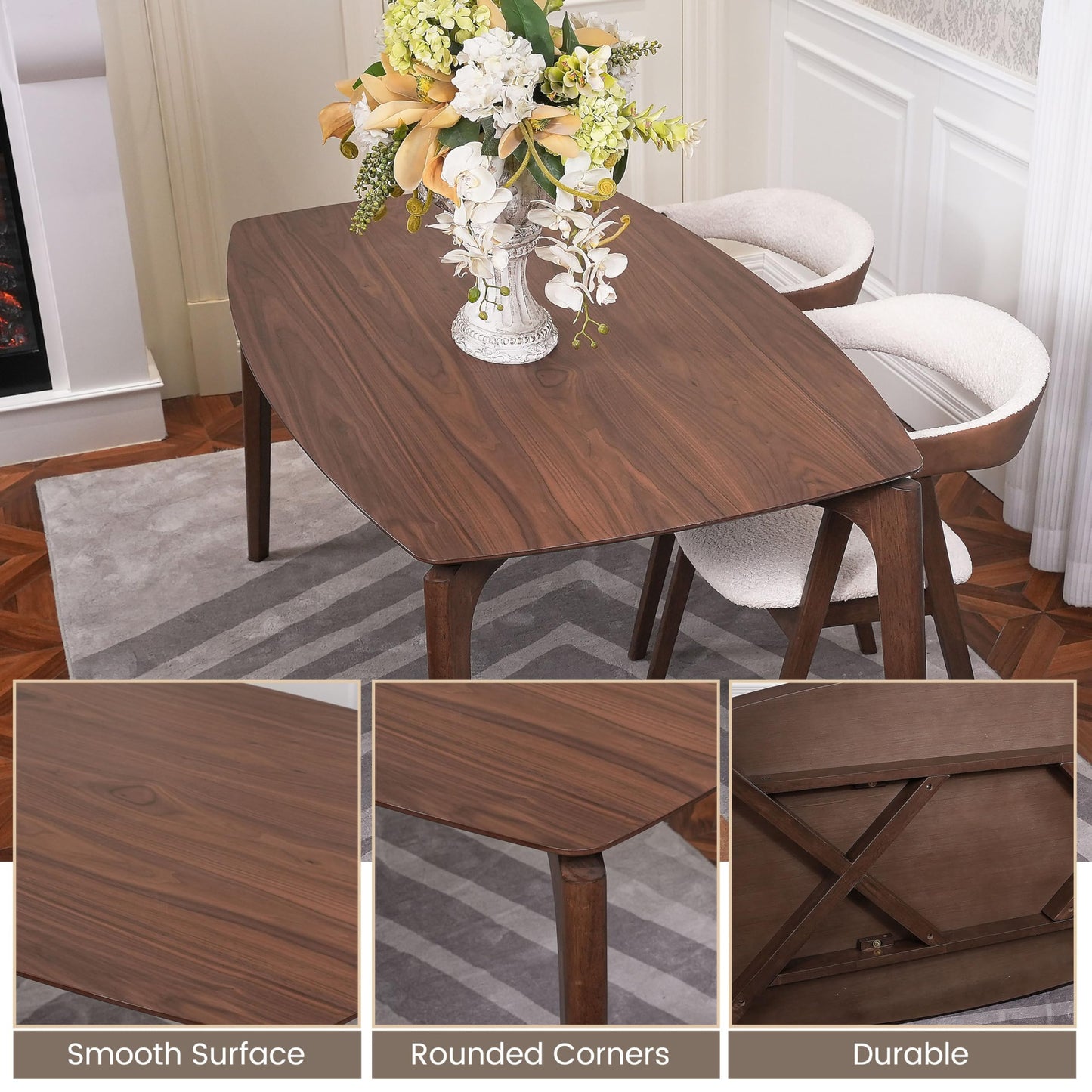 CONSDAN Dining Table Set for 4-6, Includes 1 Table & 4 Chairs, Walnut Veneer Top, Solid Wood Frame, Natural Wood Grain, Easy Assembly, Modern Design