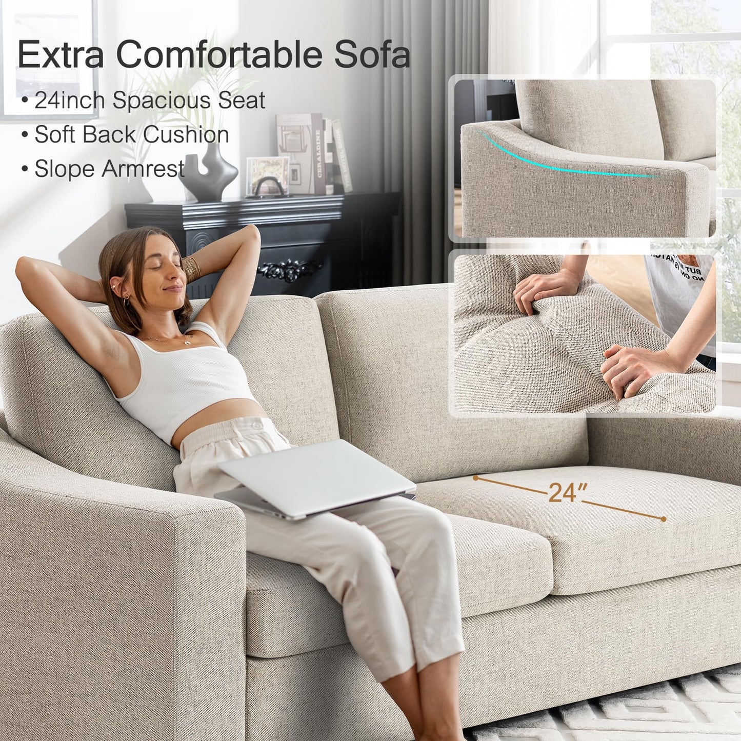 ELUCHANG Oversized 85" Deep Seat Sofa, Modern Couches for Living Room, 3 Seater Natural Linen Sofa, Upholstered Cushion & Detachable Cover, Comfy Sofa Couch for Apartment, Oatmeal