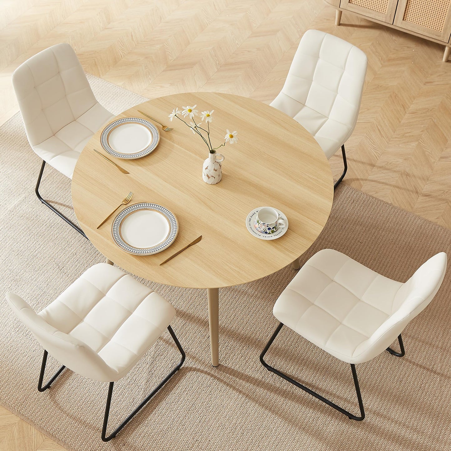 HIPIHOM 43.3 Inch Round Dining Table Set for 4, Modern Small Kitchen Coffee Set for Dining Room Kitchen Apartment (Cream Table+4 U-Shaped White Chairs)