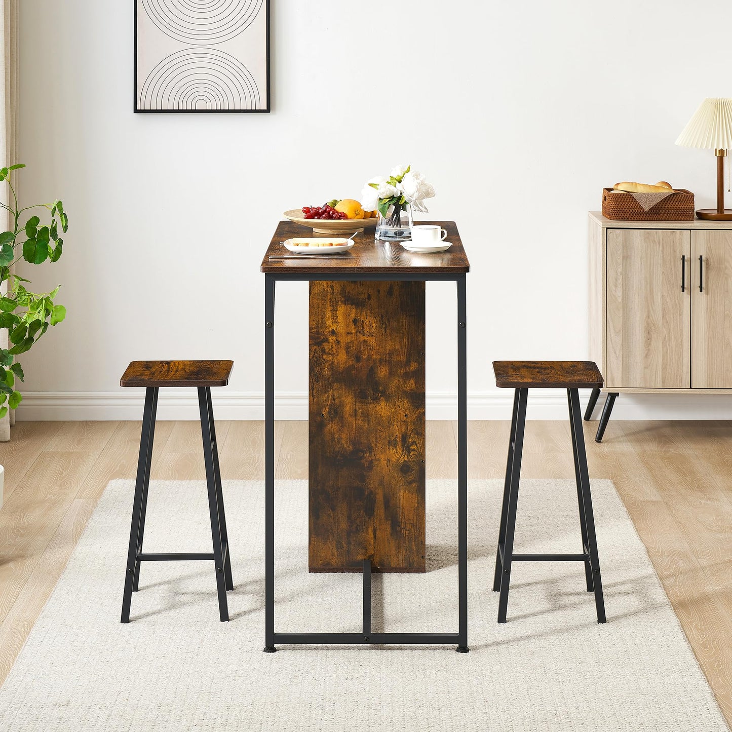 IDEALHOUSE 3-Piece Dining Table Set for 2， Kitchen Table and Chairs with Storage Drawer & Shelf – Compact Kitchen Table and 2 Bar Stools, Perfect for Small Kitchens, Apartments, Brown