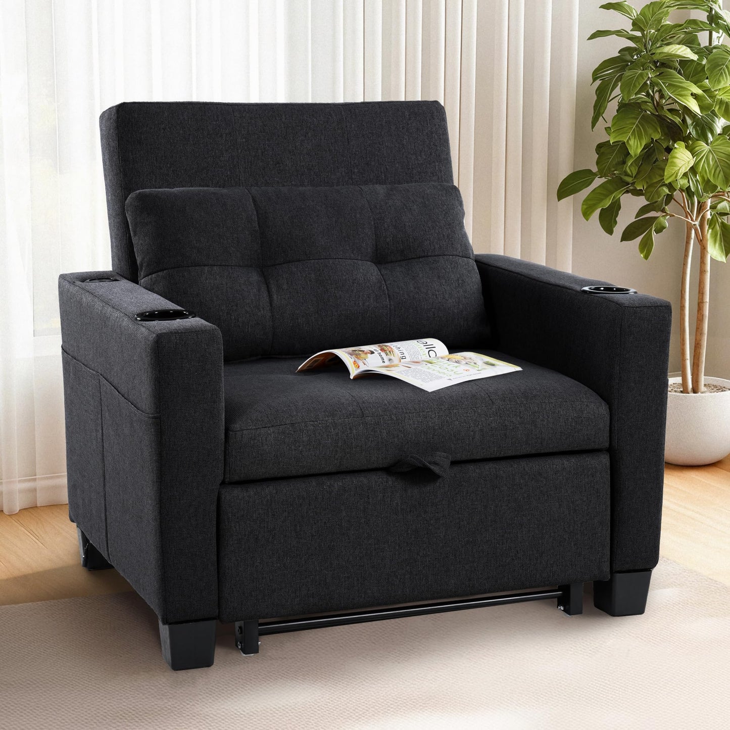 FLEXISPOT Sleeper Chair Bed with USB Ports & Cup Holders, 3-in-1 Convertible Sofa Bed for Living Room, Pull-Out Recliner Chair with Pillows, Adjustable Backrest, Small Space Furniture (Black)
