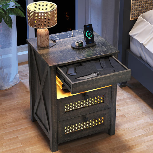 ACTKISS Night Stand with Gun Drawer, Bedside Table with Charging Station & LED Light, Gun Nightstand for Bedroom Living Room, Farmhouse End Table, Rustic