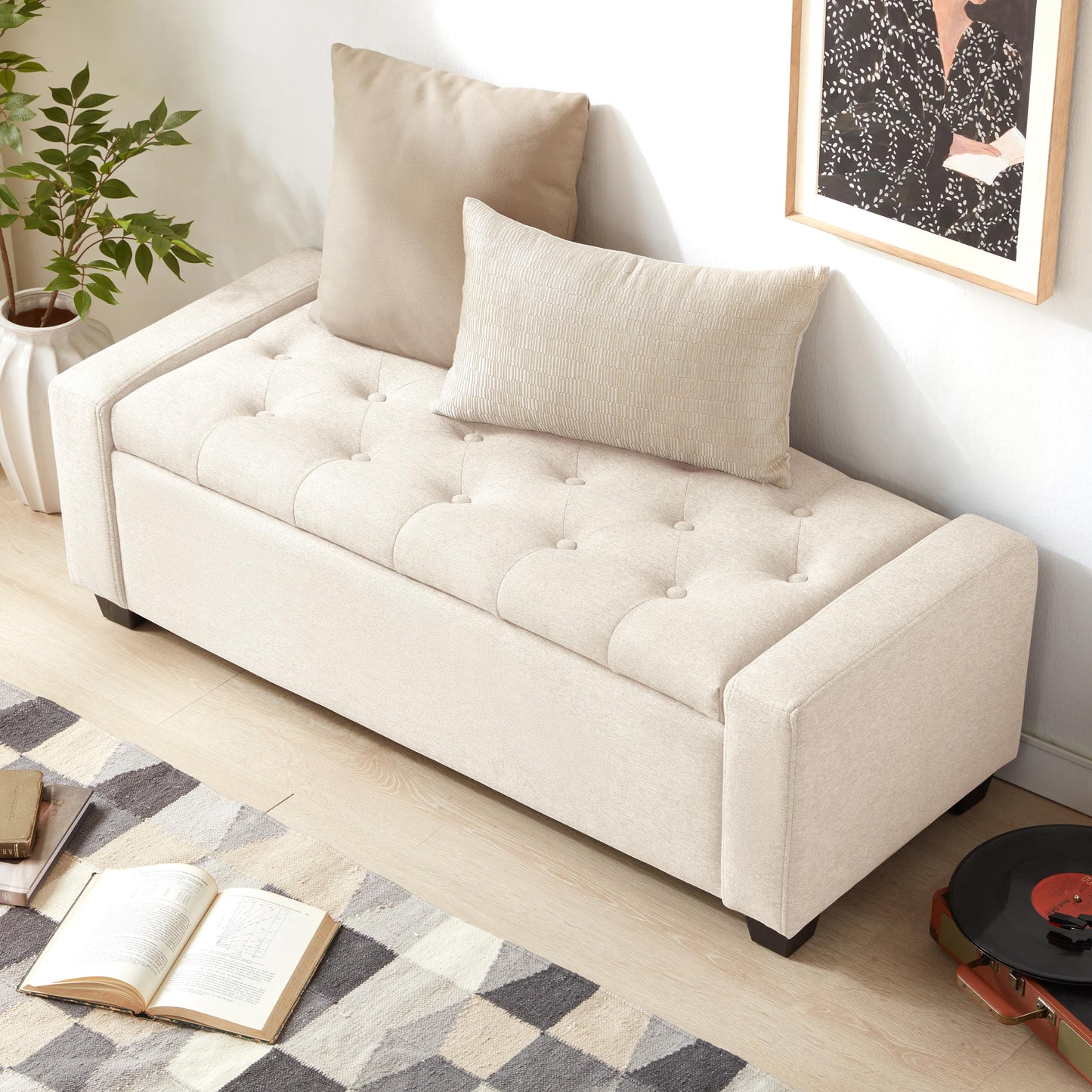 Huatean Home Ottoman with Storage, Storage Ottoman Bench with Safety Hinge, Upholstered Entryway Bench with Seating for Bedroom, Living Room, Holds up to 330 lb, Beige