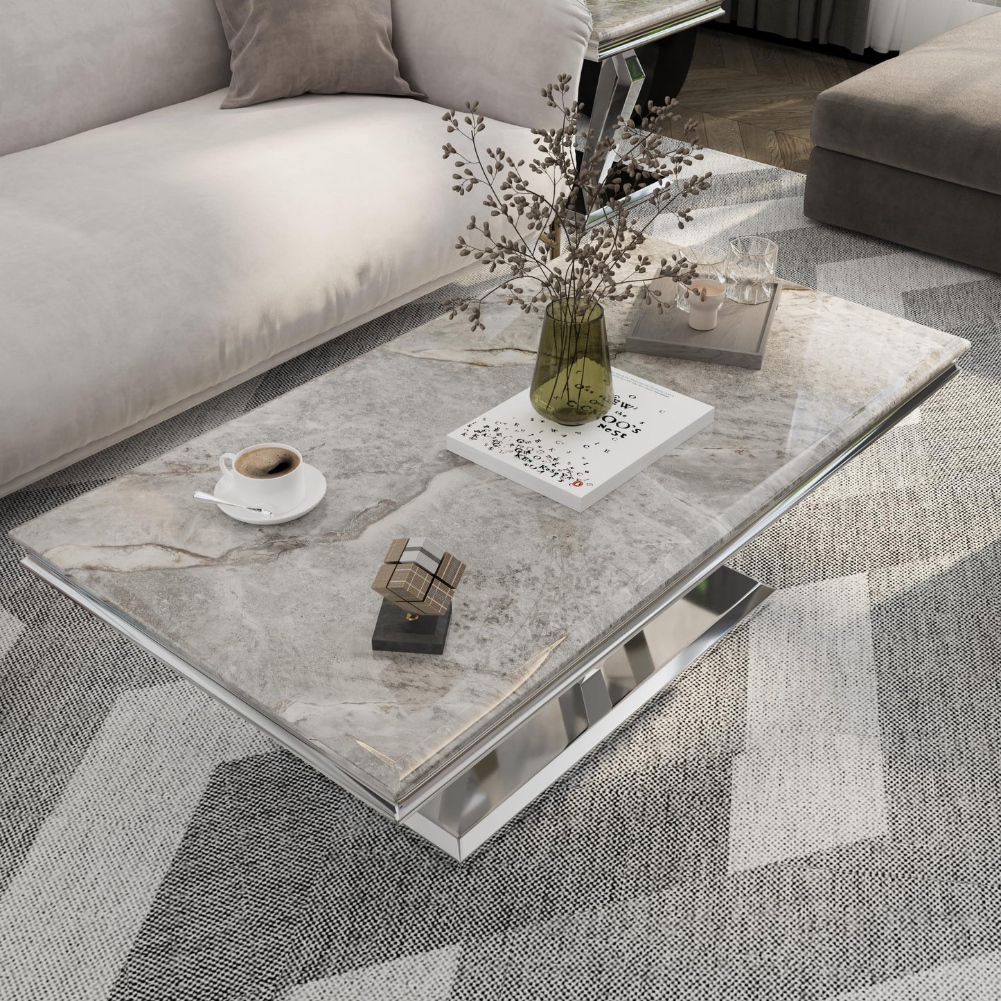Asday Silver Gray Coffee Table with Four Metal Geometric Legs and 48‘’ High Gloss Top for Living Room, Office, Reception Room