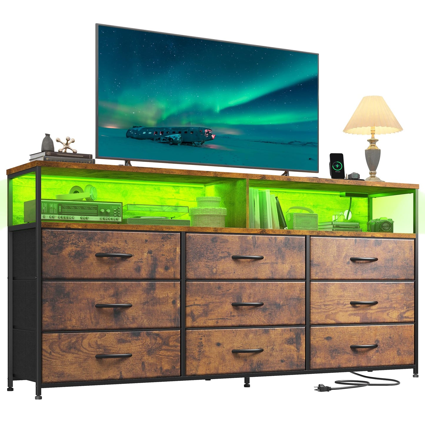 Romorgniz 55" W Dresser for Bedroom with 9 Drawer, LED TV Stand with Power Outlets for 45, 55, 65 Inch TV, Sturdy Long Chest of Drawers with Extra 2 Storage Wooden Shelves, Rustic Brown