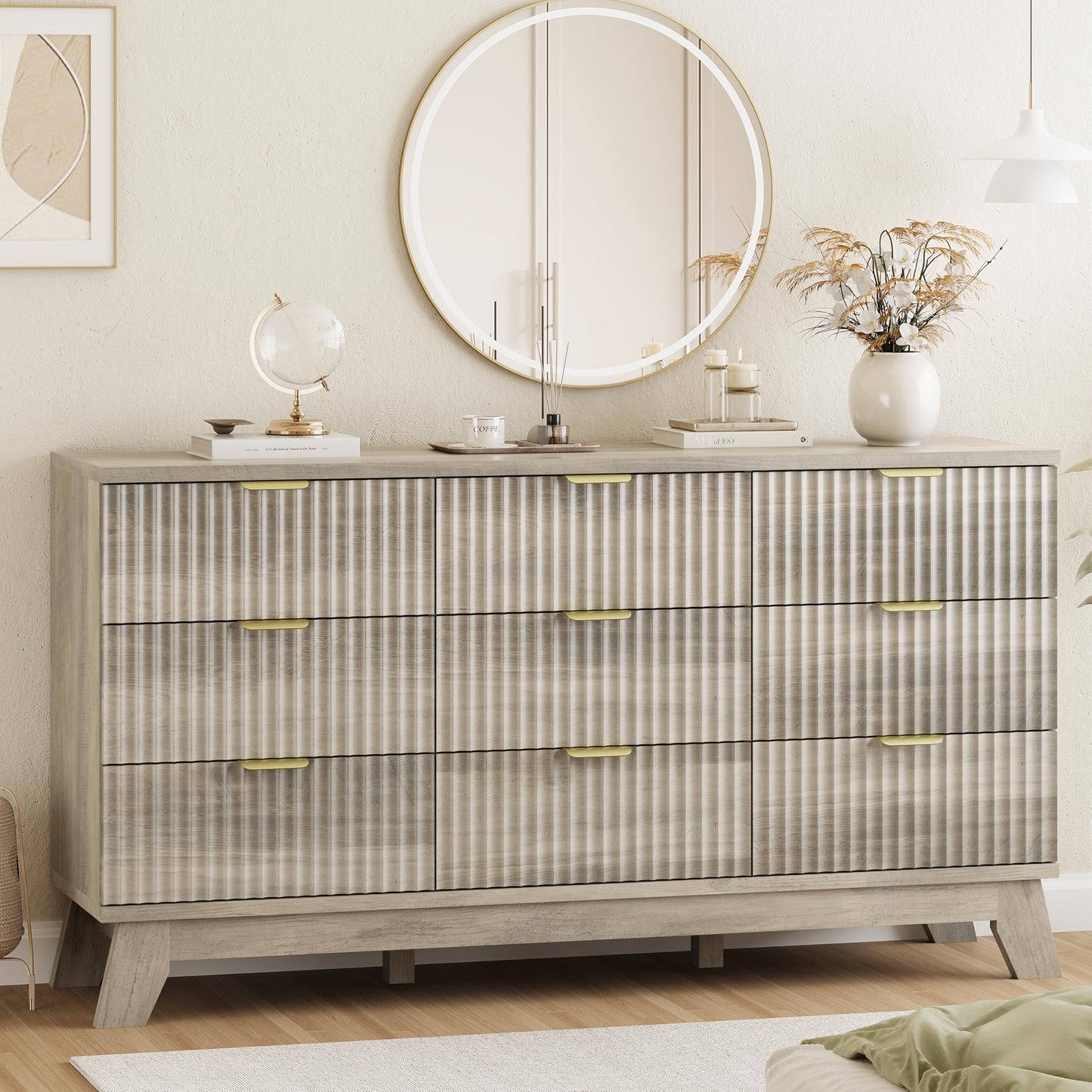 Fluted Dresser for Bedroom with 9 Drawers, 57" Wide Modern Chest of Drawers with Metal Handle, Wooden Dresser TV Stand, Wood Closet Clothes Storage Organizer for Living Room, Hallway, Grey