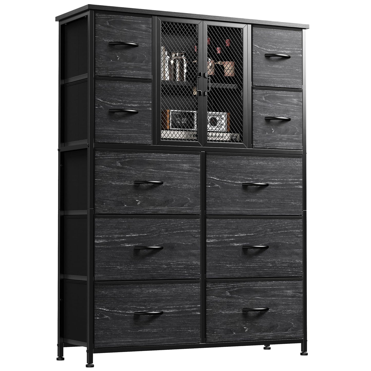 Dresser for Bedroom with Mesh Door Black Dressers & Chests of Drawers Tall Dresser with 10 Fabric Drawers, Metal Frame, Wood Top, for Closet, Entryway, 48.1" Hx38 Wx11.81 D