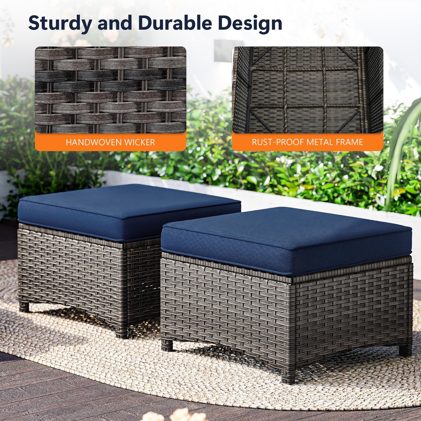 MaxMulti 2 Pieces Patio Ottomans, Outdoor Wicker Footrest Seat with Removable Cushions, Multipurpose Patio Furniture for Outdoor, Backyard and Deck Use (Blue)