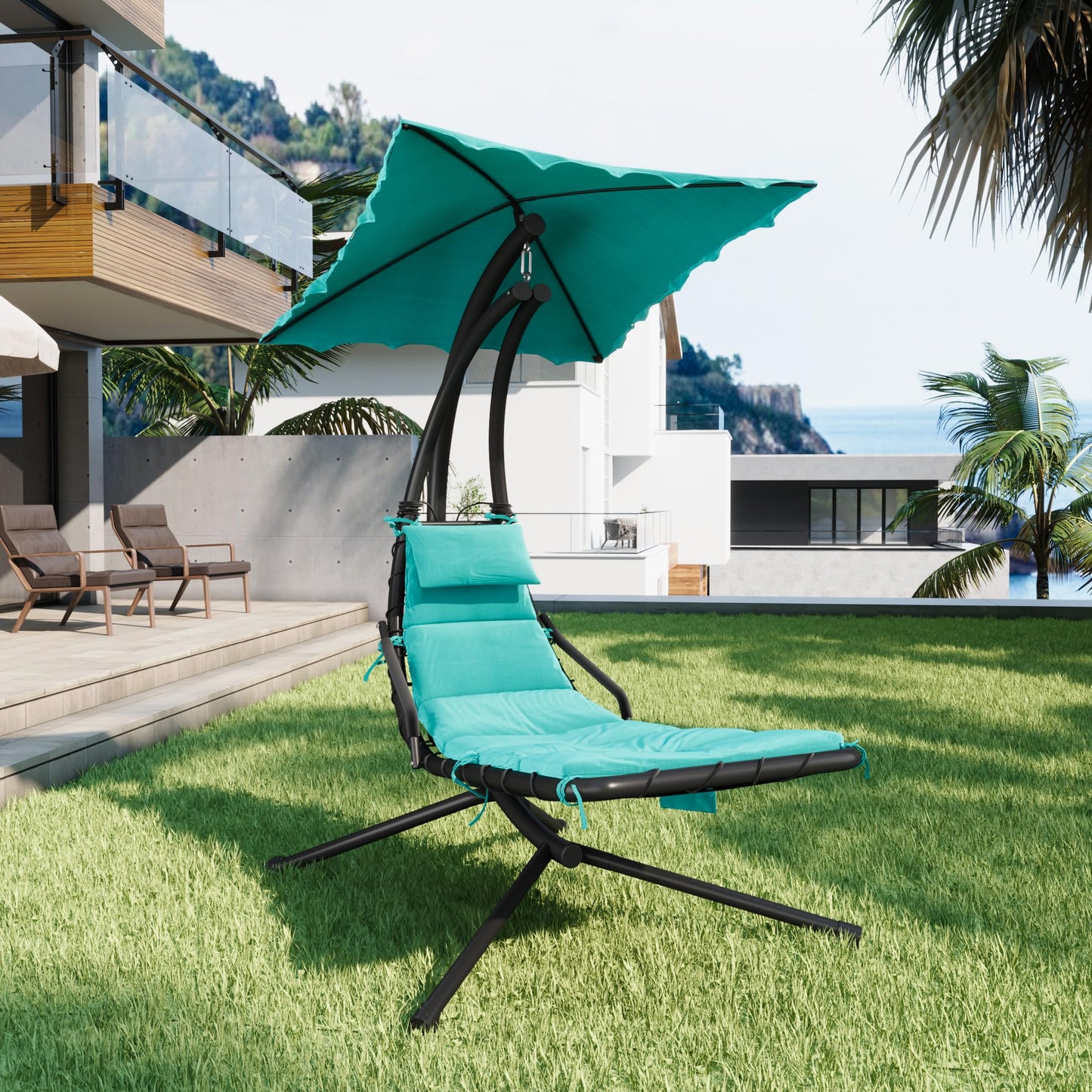 LuyFuitre Hanging Chaise Lounge Swing Chair, Hanging Curved Chaise Lounge Chair Umbrella, Curved Steel Hammock Lounger Chairs for Outdoor Indoor Patio Pool Garden Backyard Porch