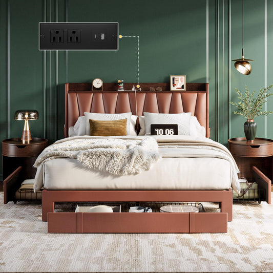 ANCTOR Queen Bed Frame with 3 Drawers, Storage Headbord with Charging Station, Platform Storage Bed Frame for Bedroom, Living Room, No Box Spring, Faux Leather, Brown