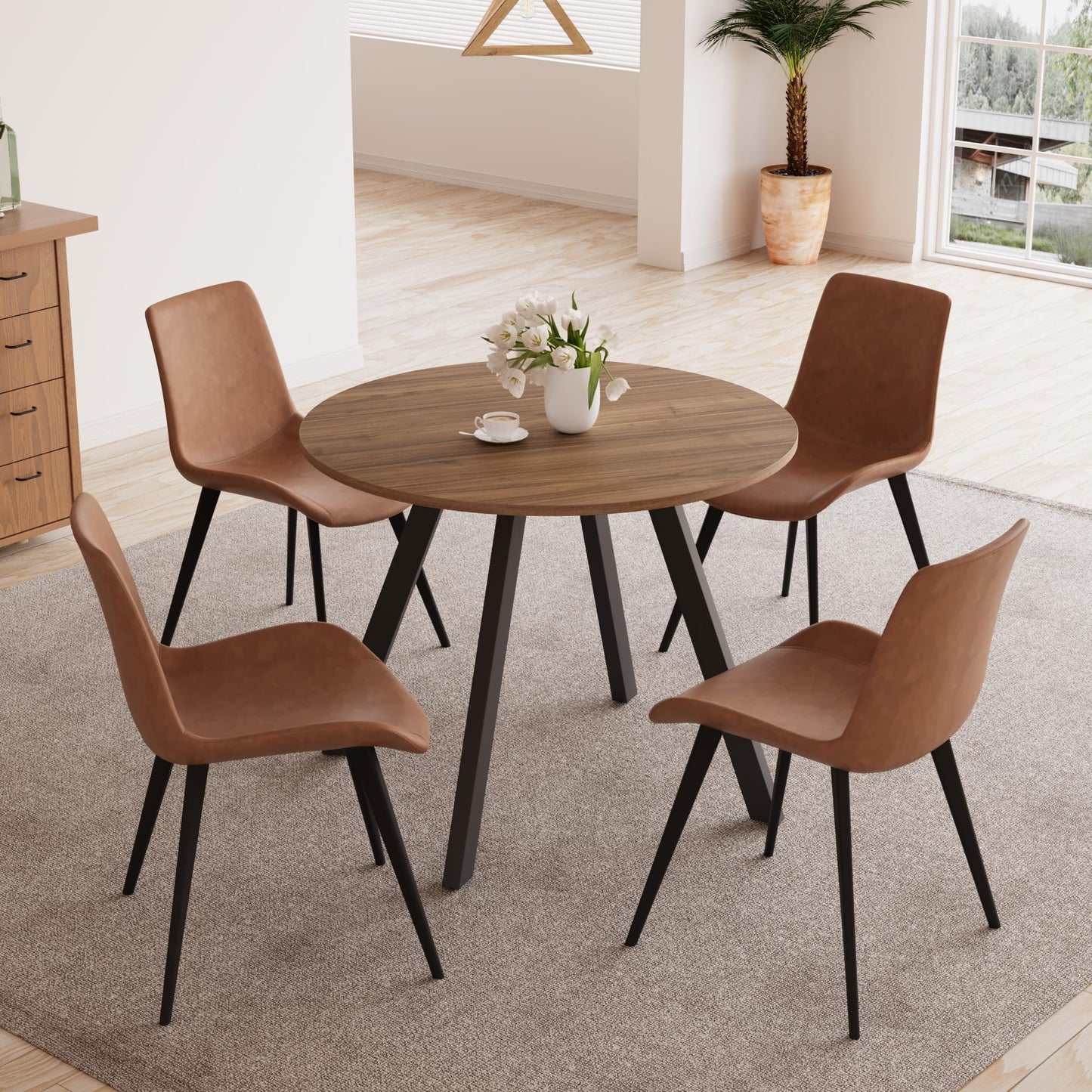 Zerifevni 34.6'' Round Dining Table and Chairs for 4 Space Saving for Apartment Kitchen Dining Room (Walnut Table+4 Brown Chairs)