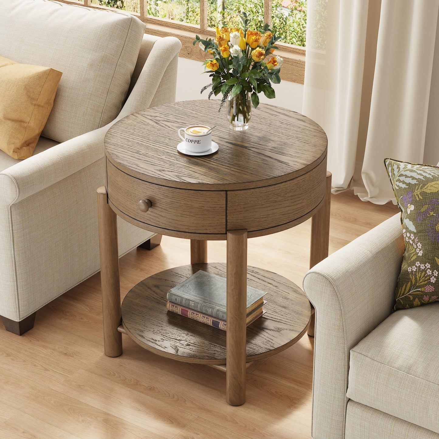 Solid Wood 2-Tier Round End Table with Drawer, 24" Small Sofa Side Table with Storage Oak Wood Accent Drink Table Modern Nightstand with Shelf for Living Room Bedroom Office, Brown