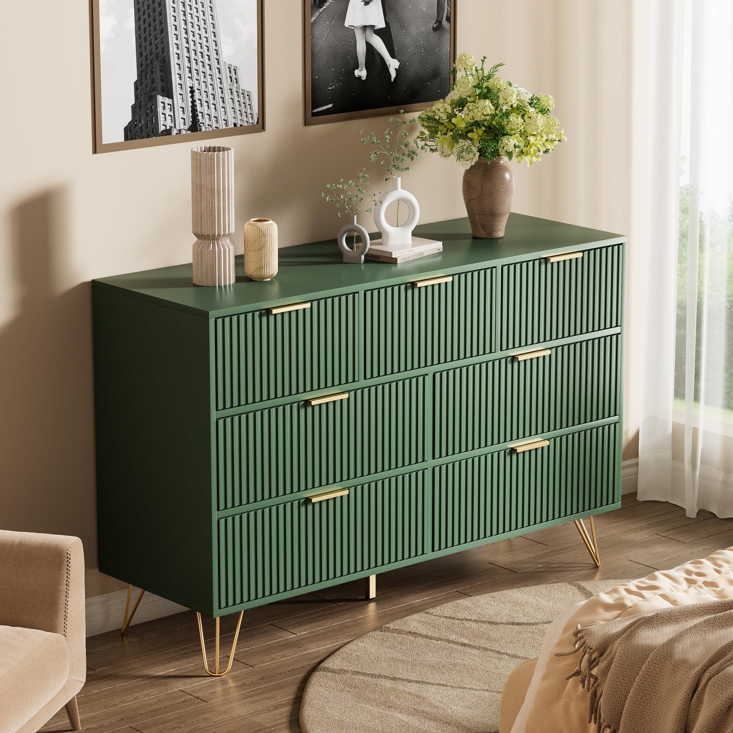 Furniway Dresser for Bedroom, Fluted Modern Dresser with Gold Pulls and 7 Drawers, 15.7" D x 47.2" W x 31.4" H, Green