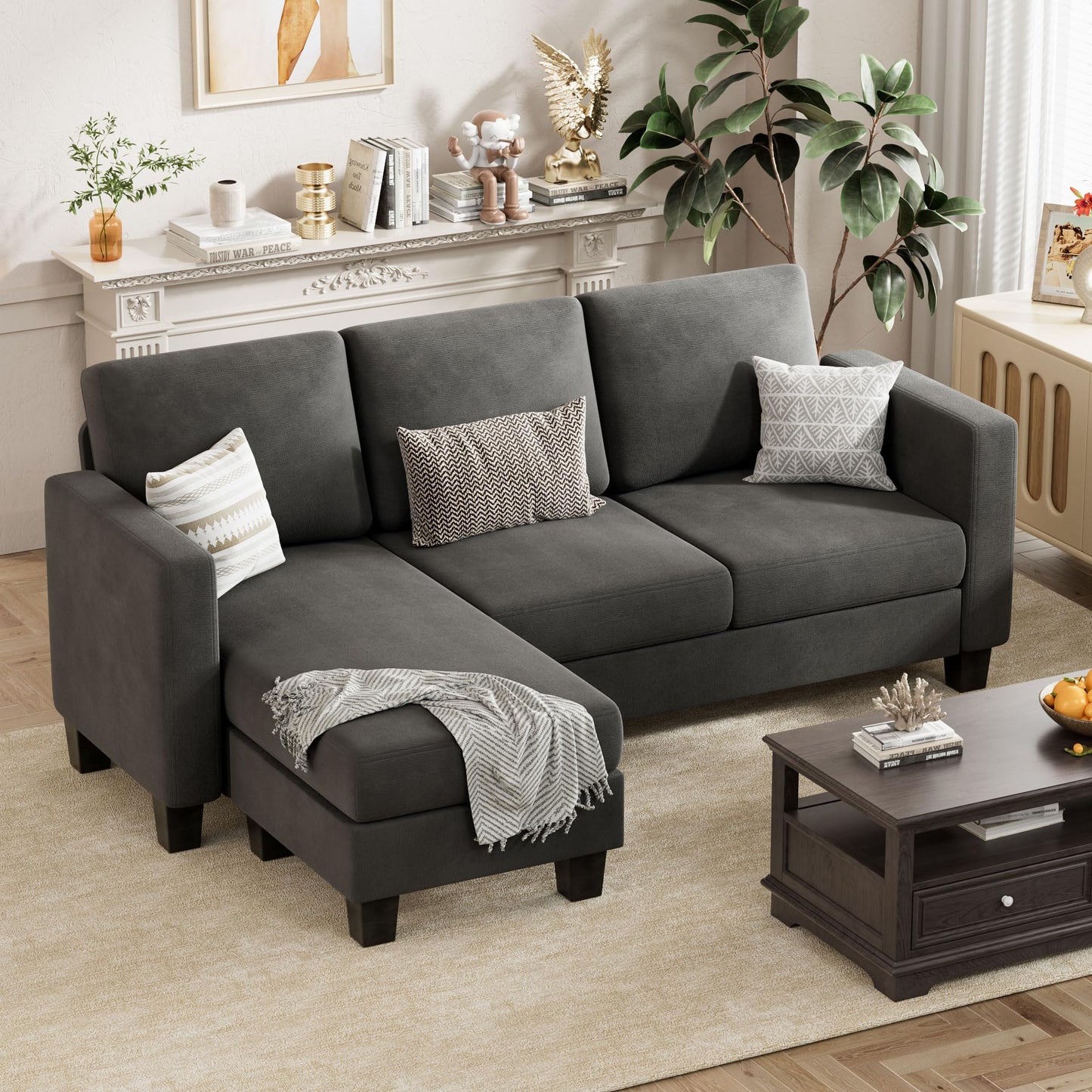 VICTONE Convertible Sectional Sofa Couch, 3 Seat L-Shaped Sofa with Linen Fabric Ottoman Small Couch for Small Apartments, Living Room and Office (Linen Fabric, Dark Gray)