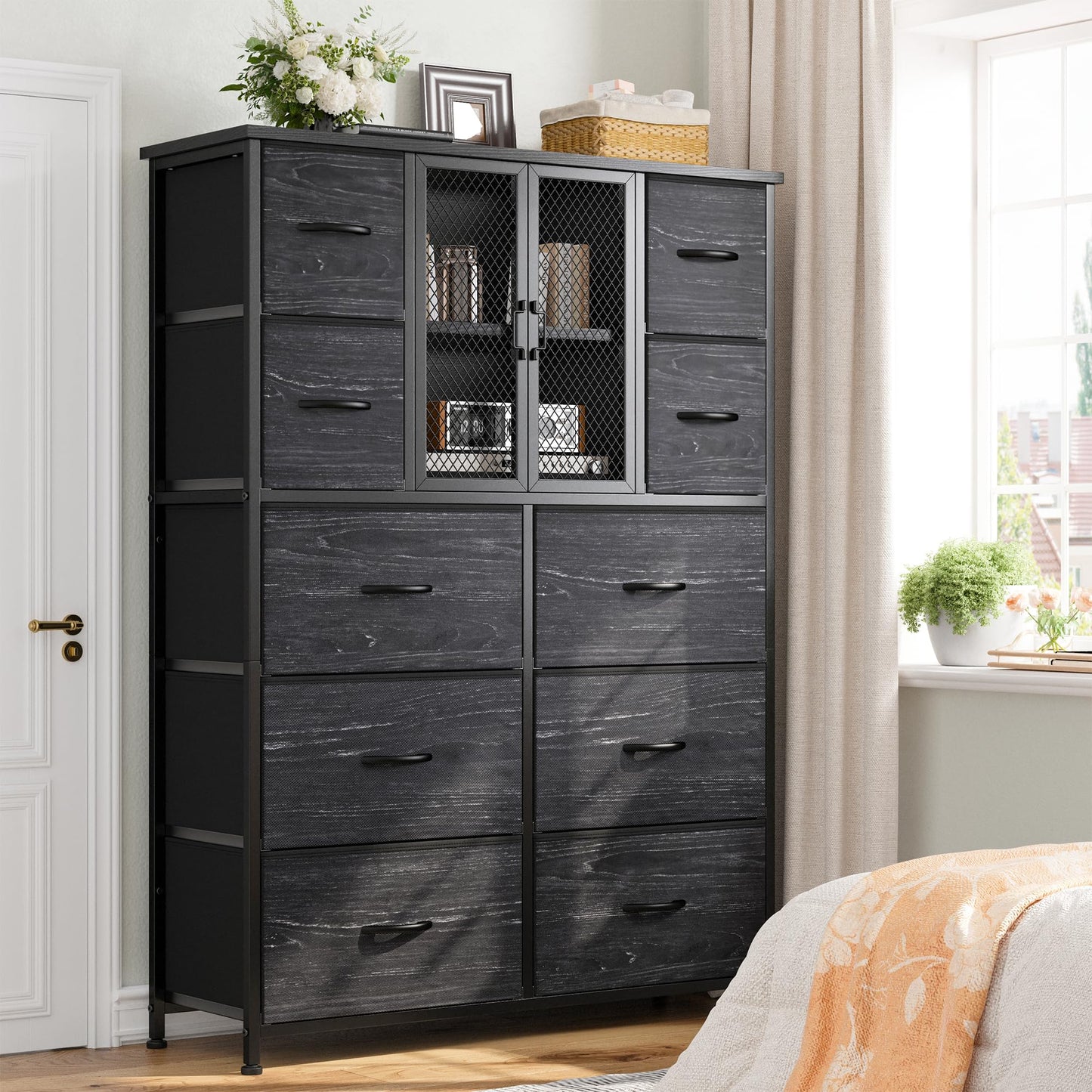 Dresser for Bedroom with Mesh Door Black Dressers & Chests of Drawers Tall Dresser with 10 Fabric Drawers, Metal Frame, Wood Top, for Closet, Entryway, 48.1" Hx38 Wx11.81 D