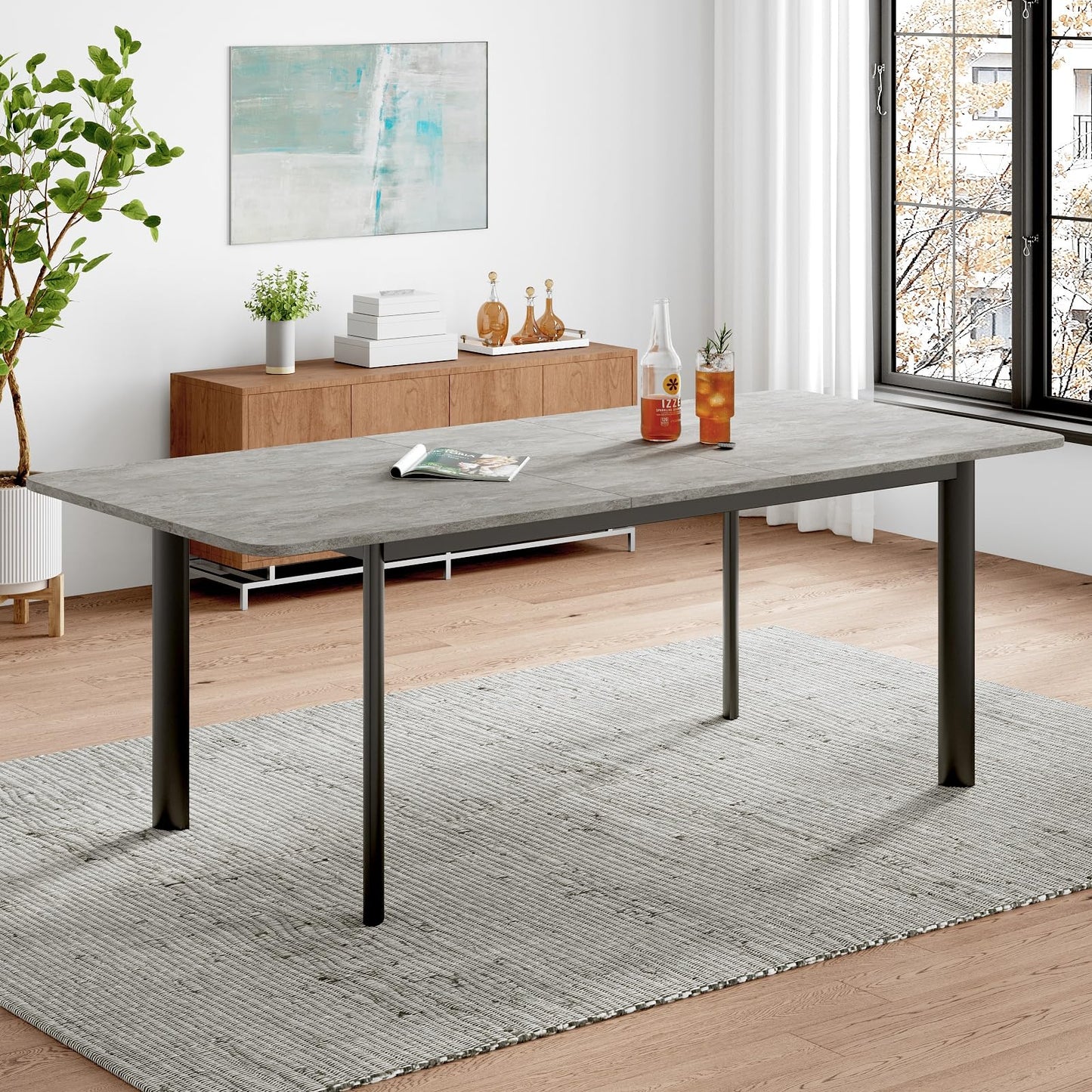 HIPIHOM 63"- 78.7" Extendable Dining Table, Thickened Expandable MDF Wooden Kitchen Table with Metal Legs, Scratch-Resistant, Easy to Clean