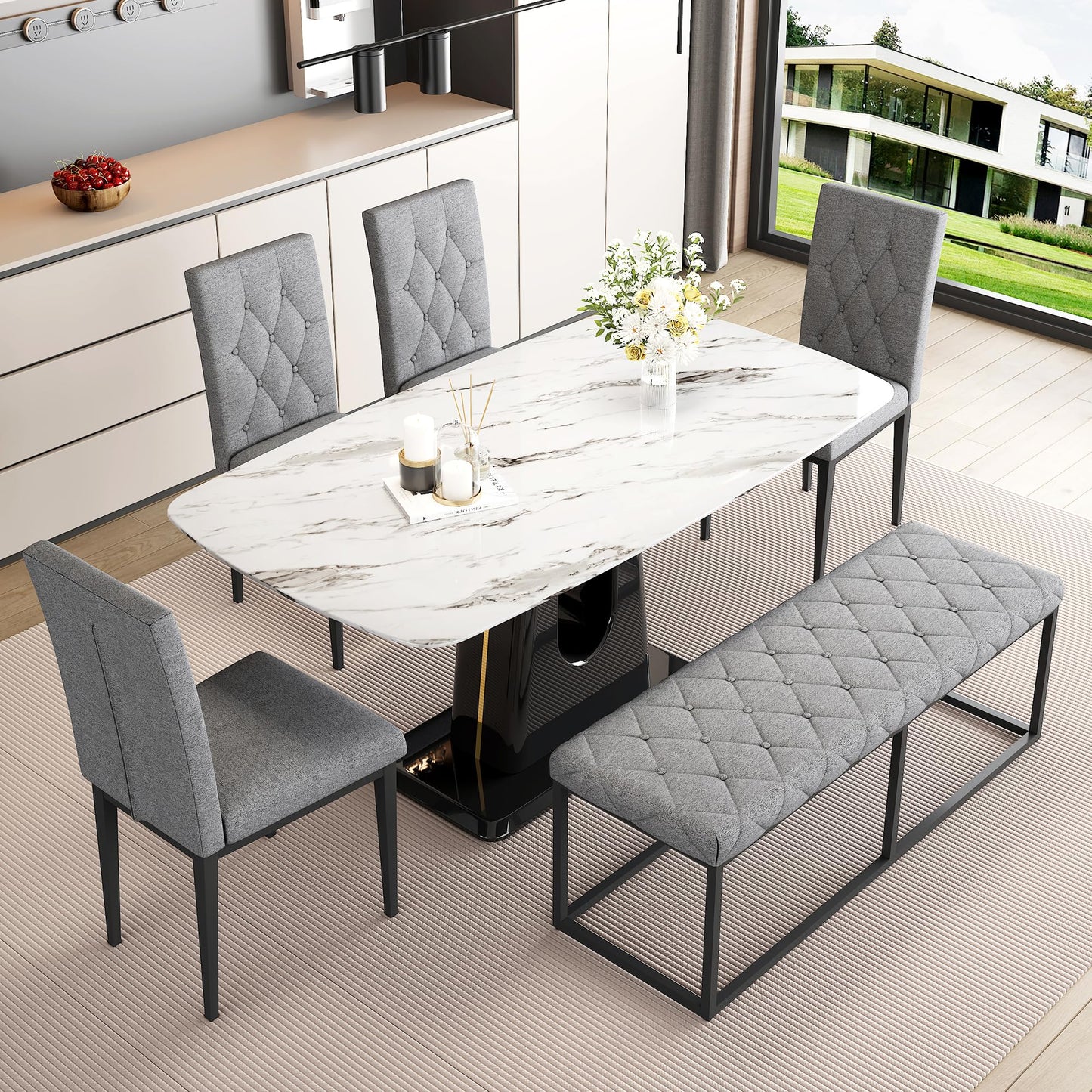 Modern Dining Room Table Set for 6,Marble Dining Table Set with Marble Tabletop,Kitchen Table Set with 4 Linen Tufted Chairs 1 Bench,63'' Kitchen Table Chairs Set for 6,6 Piece Dining Room Table Set