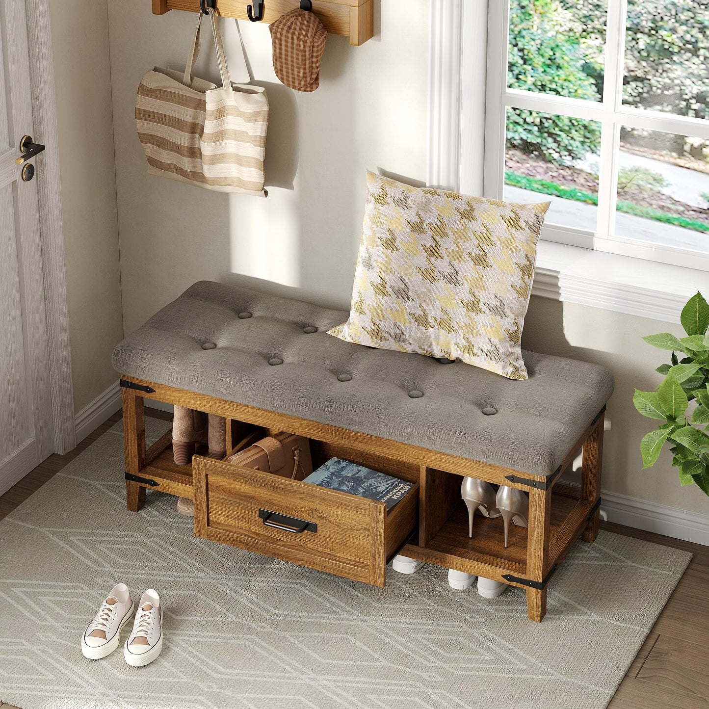 Maupvit Entryway Bench with Shoe Storage, Shoe Rack with Cushion for Living Room, End of Bed Bench for Bedroom, 15.7" D x 43.3" W x 18.1" H
