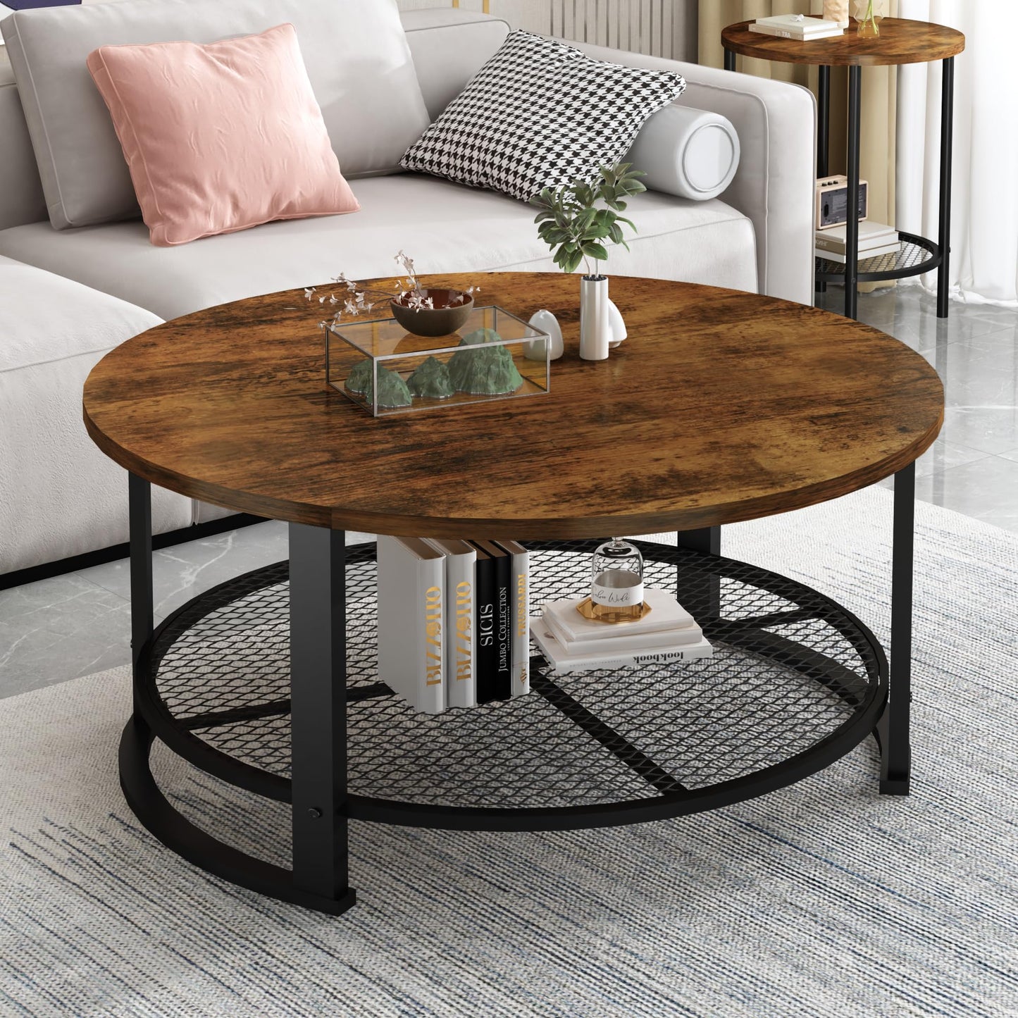 DKLGG 3-Piece Coffee Table and End Table Sets for Living Room, Round Coffee and End Table Set of 3 with Large Storage, Modern Farmhouse Furniture for Apartment Home (Rustic Brown)