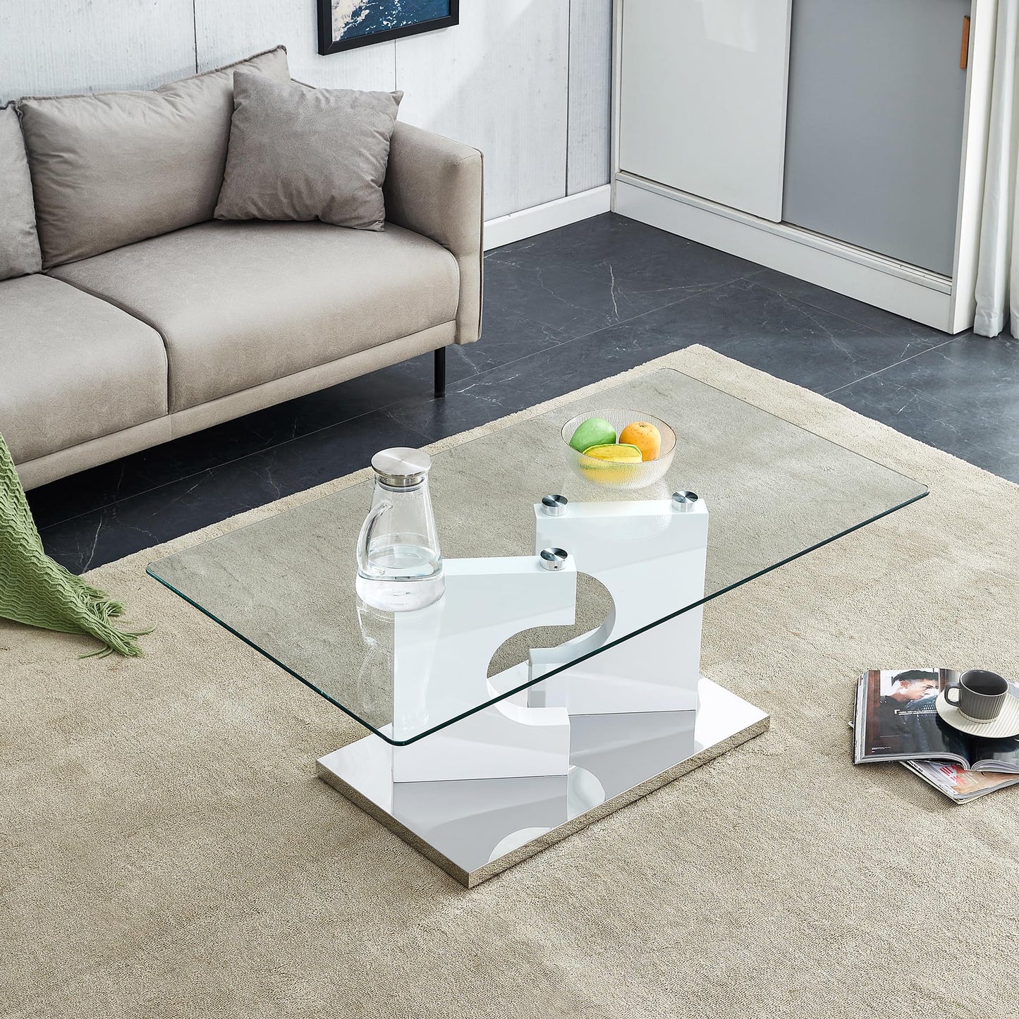 Henf Modern Luxury 47" Rectangle Glass Coffee Table for Living Room, Home Office, Tempered Glass Top, White Legs & Silver Base
