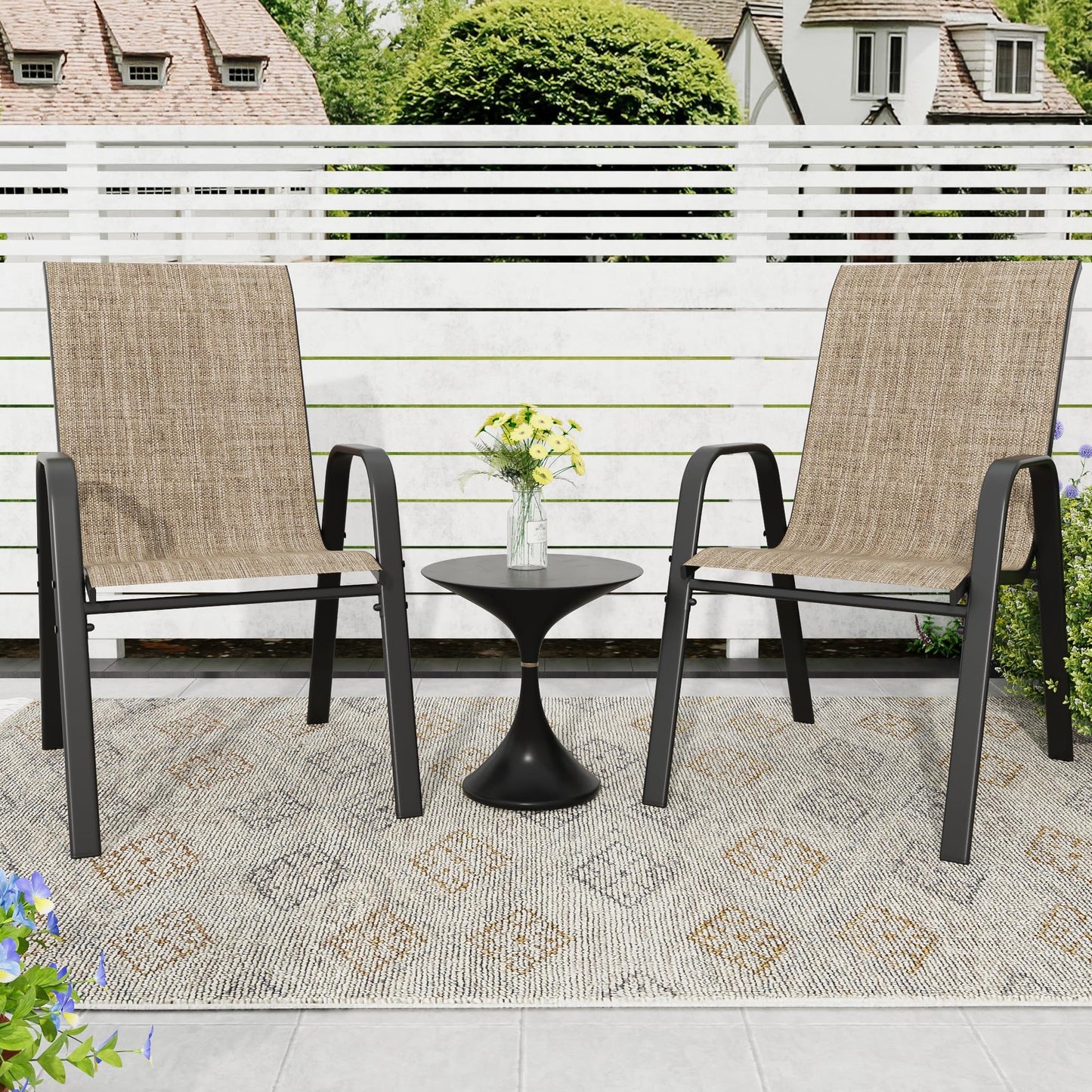 Patio Dining Chairs Set of 4 Outdoor Stackable Dining Chairs for All Weather 330lbs Capacity Heavy Duty Textilene Fabric Rustproof Metal Frame Patio Furniture for Backyard Garden Poolside (Brown)